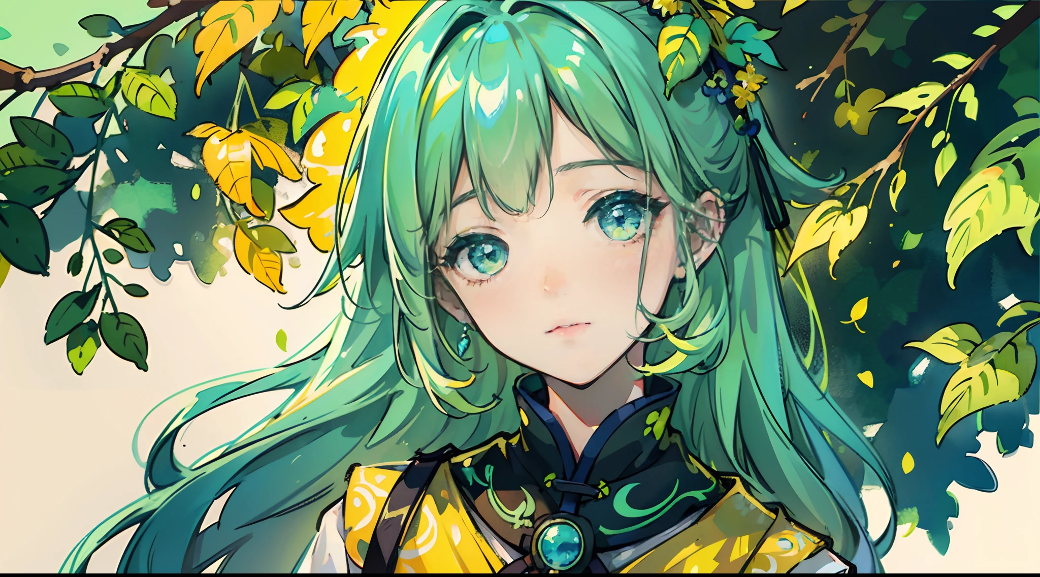 Portrait of a girl in autumn。Beautiful young woman I with yellow leaves、finely detail、hightquality、hightquality。Clear, true colors and natural backgrounds
(Neon Yellow、neon green、Neon Blue)watercolor paiting、elegent