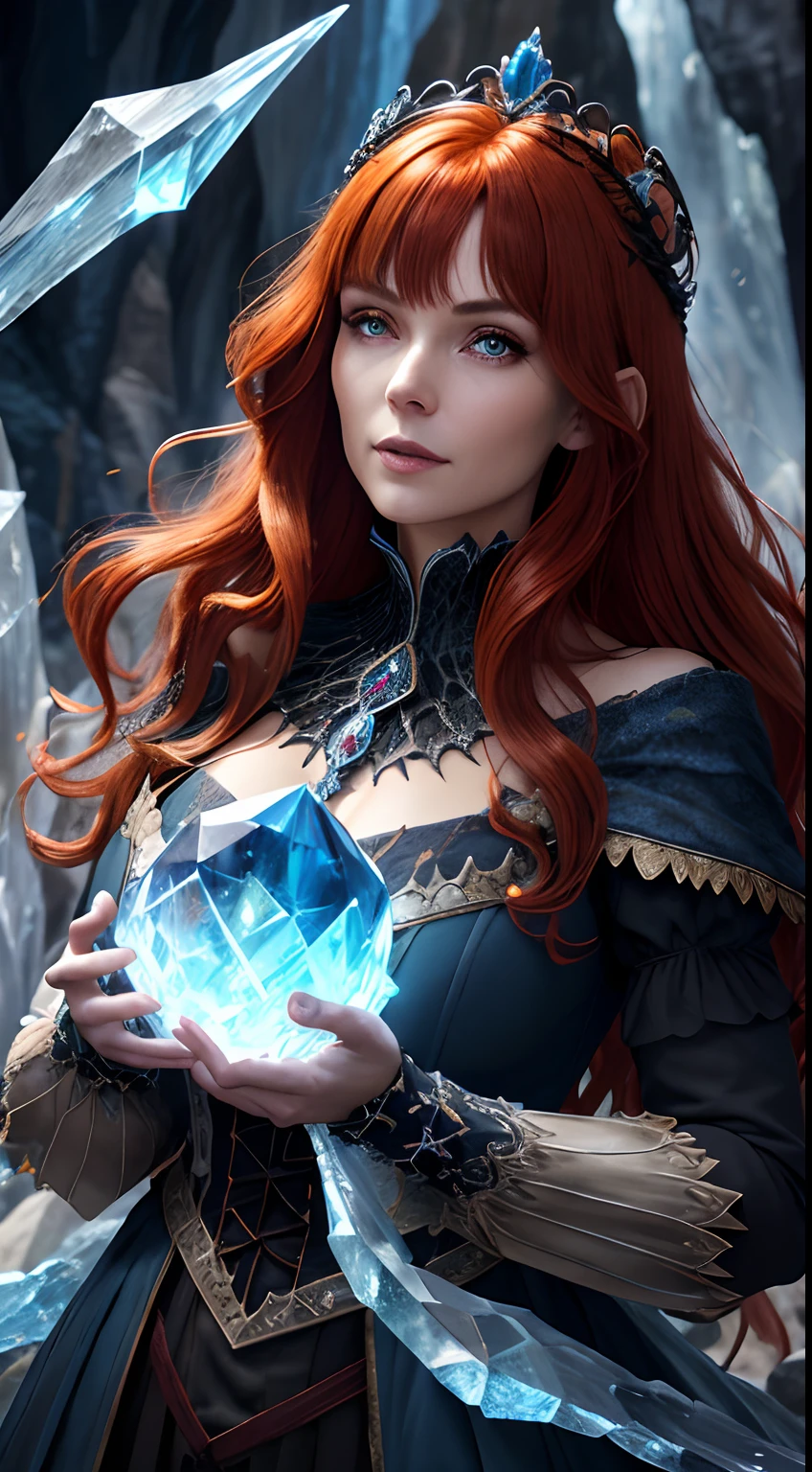 (absurdres, highres, ultra detailed), 1woman, long hair, auburn hair, coral eyes, bangs, long sleeves, finely detailed eyes and detailed face, extremely detailed CG unity 8k wallpaper, intricate details, (style-swirlmagic:1.0), looking at viewer, solo, upper body, detailed background, close up, detailed face, (gothic dark ages theme:1.1), crystal sorcerer, dynamic pose, earth themed clothes, crystal crown, floating in the air, glowing magical shards, surrounded by blue magical crystals, rock formations, stalactites, magical floating particles, crystal glass, crystal sphere, crystal canyon background, (shallow water:0.7), epic ethereal atmosphere, updraft,, portrait