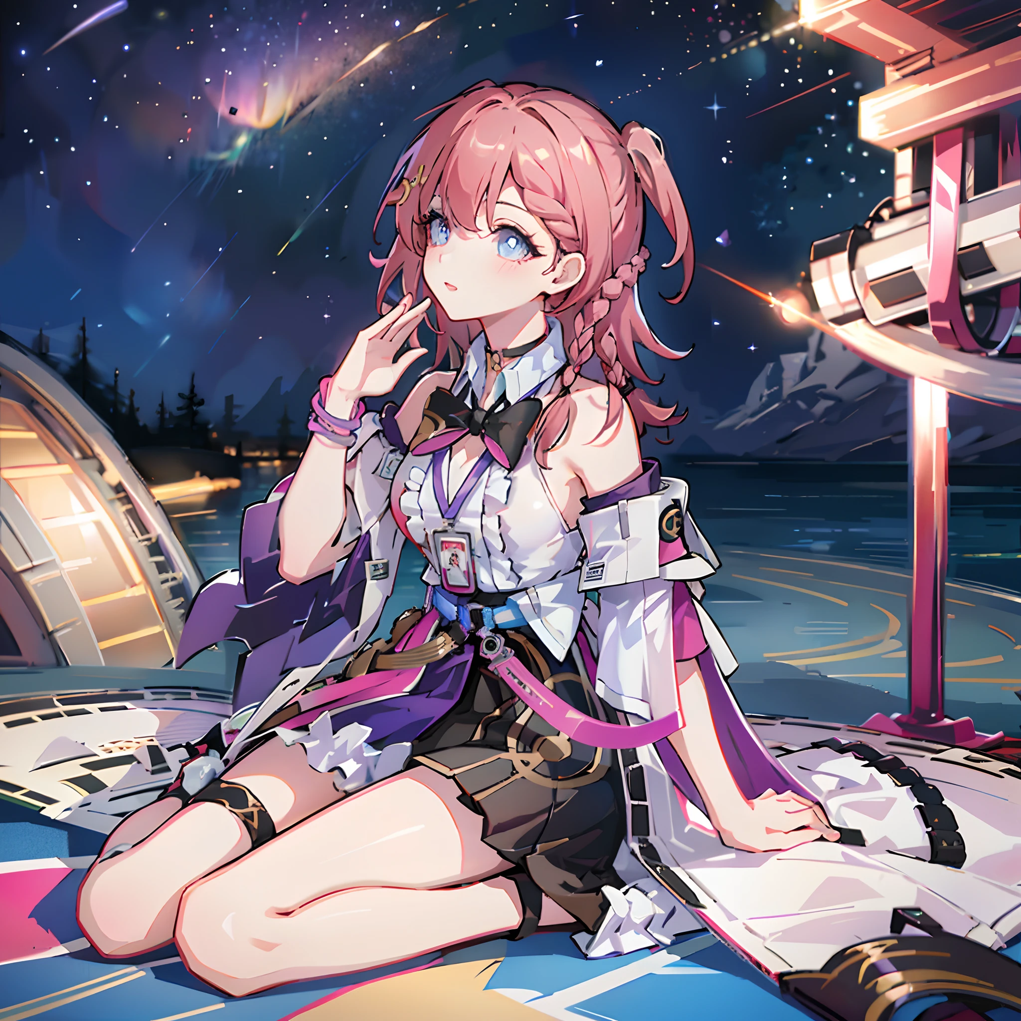 1girll, ova \(Honkai: star rail\), Detached sleeves, High heels, high waisted skirt, Sleeveless shirt, ID cards, overskirt, anklet, thigh band, Bracelet, Hairpin, belt, neck bowtie, choker necklace, Starry sky, Sitting, yokozuwari, Looking up, meteors, Outdoors, Depth of field, (Extremely detailed Cg Unity 8K wallpaper,Masterpiece, Best quality, Ultra-detailed, Beautiful detailed eyes:1.2)