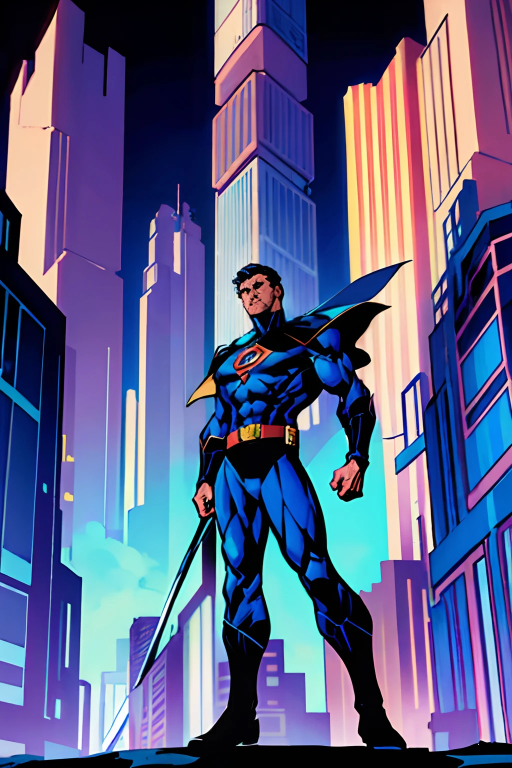 A male superhero standing, olhando para a frente. Ele usa uma roupa azul justa com uma letra C amarela no peito. He also wears a blue cape that floats behind him. Ele tem cabelos pretos curtos e olhos azuis.

The background of the image is a modern city, with skyscrapers and other tall buildings. The sky is blue and there's bright sunshine.

The superhero is standing on a roof, Olhando para a cidade. He has a determined expression on his face.

The style of the image is inspired by Stan Lee's comics. The characters are iconic, And the narrative is engaging.