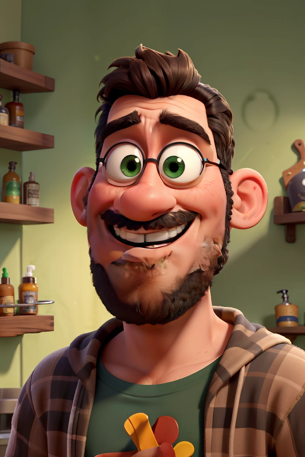 Personagem disney pixar, Barbeiro jovem, negro sem barba, cortando cabelo em barbearia antiga, Classic with green walls