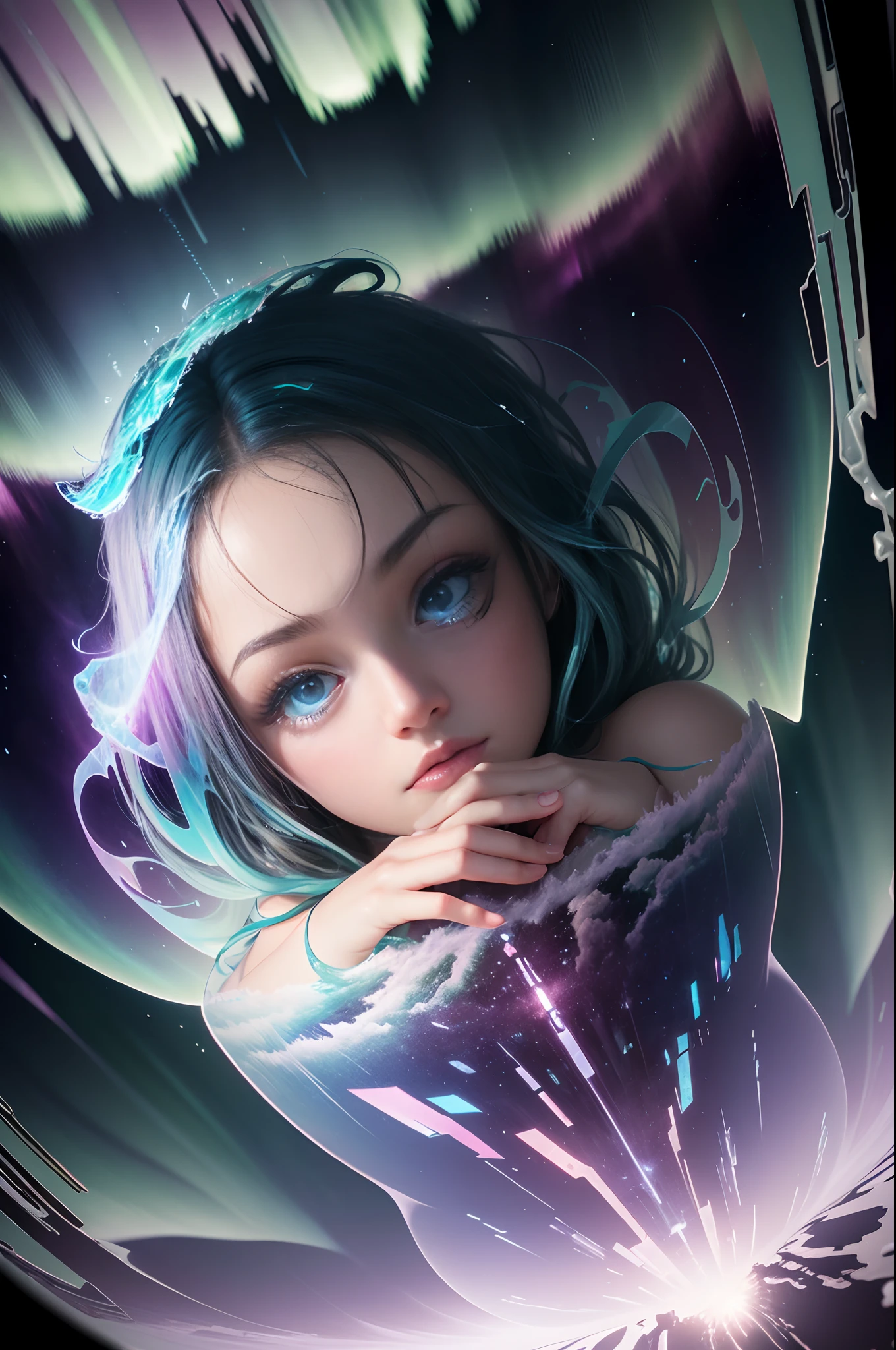 tmasterpiece, 4K, Hyper-Resolution, Optimal image resolution,aurora borealis，photography of,(Doubleexposure:1.8),A chaotic storm of aurora erupted in the transparent girl's brain，The transparent and ethereal girl's face blends with the aurora,Express your thoughts, Emotions and dreams in the surreal and magical Northern Lights landscape. Abstract portrait of a transparent girl，Northern Lights landscape,Epic surrealist style，Epic dreamy style，epic digital art illustration