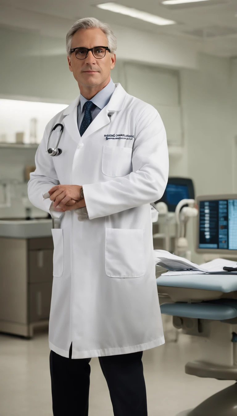 good lighting, a distinguished 40-year-old man with gray hair and prescription glasses sits behind a modern medical table, his white coat and stethoscope around his neck, ready to see his next patient. His intense gaze at the camera conveys his dedication to his profession. The computer and papers on the table hint at his meticulous nature and attention to detail.
