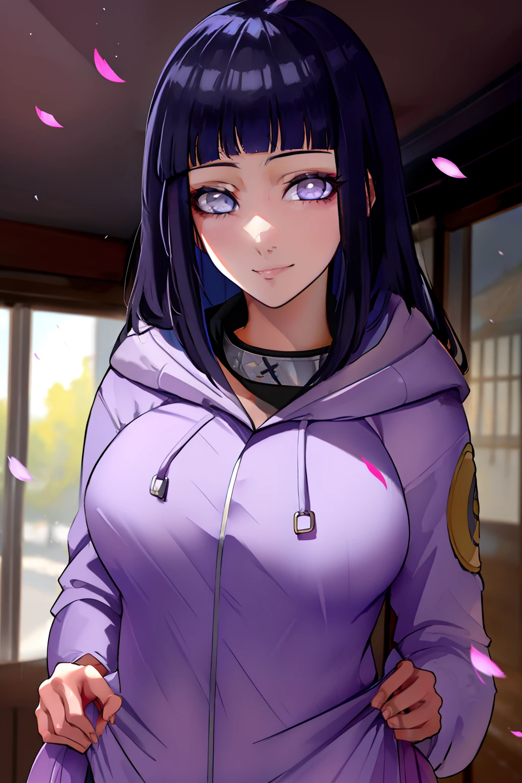 beau, master piece, beste-Qualit, extremely detailed face, perfect  lighting, 1fille, hinata, hyuuga hinata, frange, empty_eyes, black_hair, blunt_bangs, yeux gris, manches grises, headband_around_neck, hauts, coupe hime, hooded_cardigan, manches longues, looking_at_viewer, petals, sourire, solo, cheveux raides, haut du corps, hooded jacket, corps parfait, sur u' lit, avec en train de rougir et de sourire