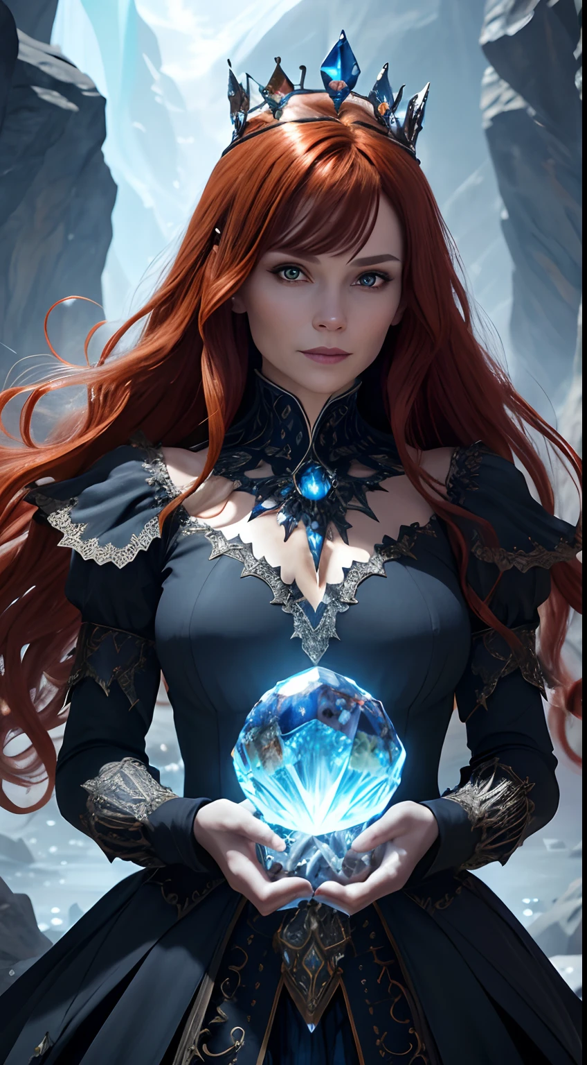 (absurdres, highres, ultra detailed), 1woman, mature female, aged up, wavy long hair, auburn hair, coral eyes, bangs, long sleeves, finely detailed eyes and detailed face, extremely detailed CG unity 8k wallpaper, intricate details, (style-swirlmagic:1.0),  looking at viewer, solo, upper body, detailed background, close up,  detailed face, (gothic dark ages theme:1.1), crystal sorcerer,  dynamic pose, earth themed clothes, crystal crown,  floating in the air, glowing magical shards, surrounded by blue magical crystals,  rock formations, stalactites,  magical floating particles, crystal glass,  crystal sphere, crystal canyon background, (shallow water:0.7),  epic ethereal atmosphere,   updraft,, portrait