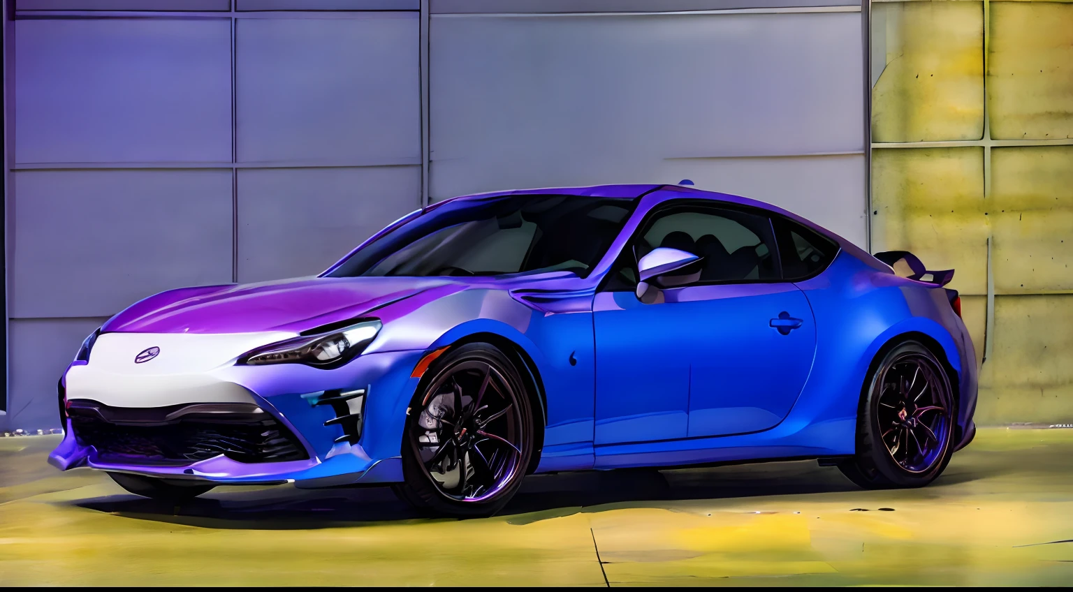 (Masterpiece, highest quality), (8k, RAW photo, highest quality, masterpiece: 1.2), (realistic, photorealistic: 1.37), ultra detail, car focus, car, sports car, (Midnight Drift: 1) photo, Toyo gr86, The color of the car body is dark magenta. The tire is a tarmac slick tire, the car is purple-colored, the wheels are copper-colored, the image is a view of the front, the wheel suspension is cambered, purple wrap on the car body, stretched tires, front view, lots of detail