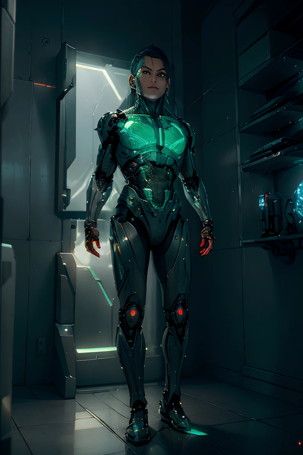 Full body, cyborg, full face, borg, cybernetic implants, green endings, science fiction, elaborate, silver edge, high quality, intricate details, cyborg,