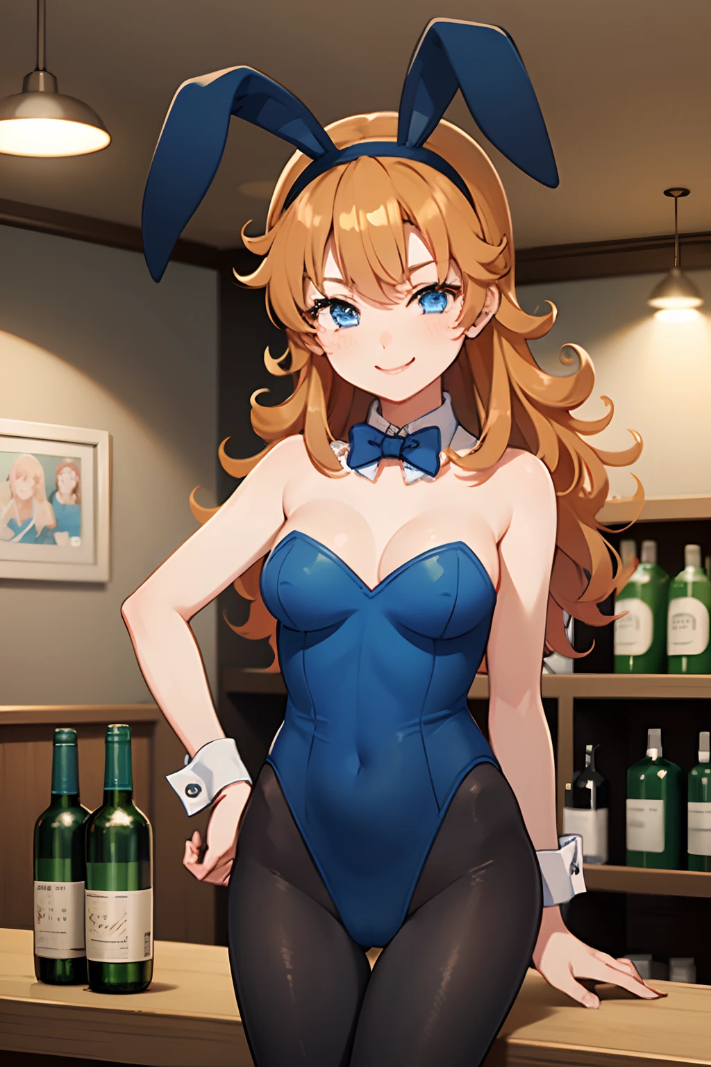 1girl in、hight resolution、​masterpiece、Maribel、A slender、Short stature、Curly hair、Orange hair、DQJESTER, Curly hair、fake rabbit ears、Blue leotard、bowtie、pantyhose、Wrist cuffs、Black_pantyhose、a bar counter、Lots of liquor bottles、Smiling smile