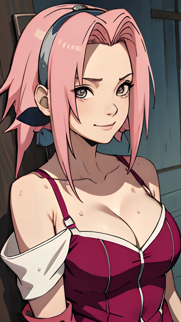 tmasterpiece, Best quality at best, 1girll, Sakura Haruno, Large breasts,Off-the-shoulder attire,(cleavage),(upperbody closeup),Raised sexy,is shy,ssmile,with pink hair, Urination,Wet