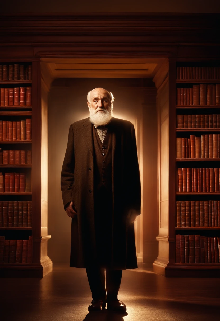 A wise old man standing in front, illuminated by the light of a lamp, against the backdrop of a library