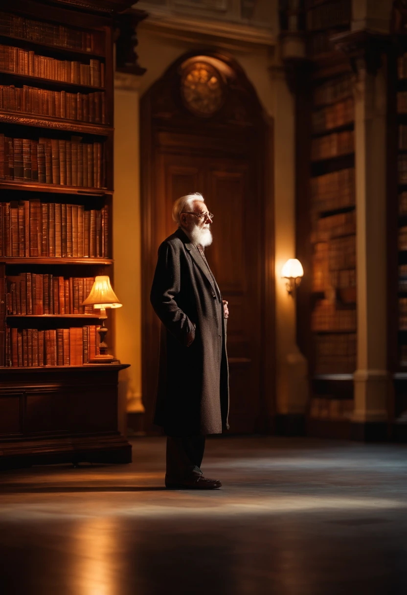 A wise old man standing in front, illuminated by the light of a lamp, against the backdrop of a library