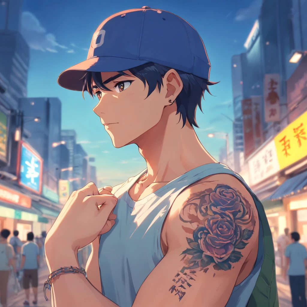 Man in cap with tattoo on arms and neck