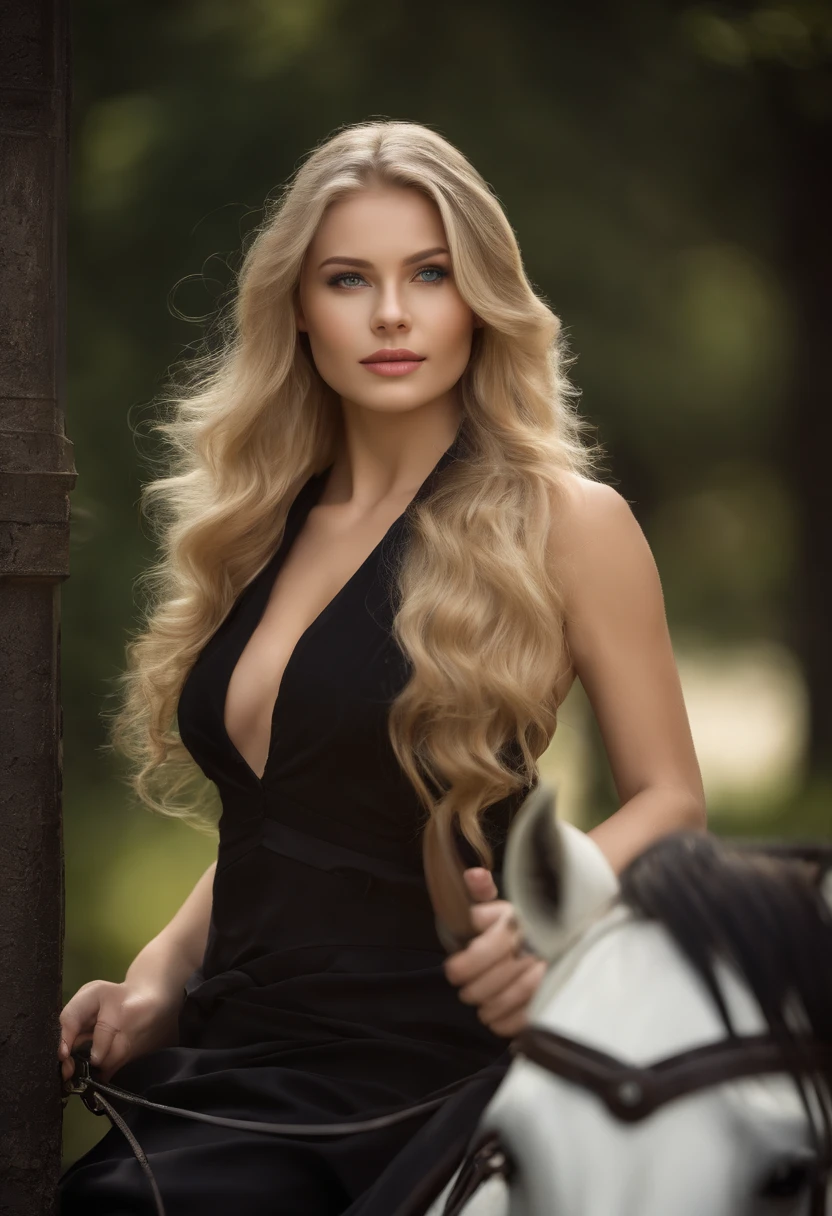 beautiful 21-year-old girl, long blonde hair, blue eyes, full attractive lips, sexy face, attractive face, strikingly beautiful face, symmetrical face, photorealistic, sexy body, full body, shapely big breasts, elegant body-hugging tight dress, riding a white horse , dark force, night very high wrought iron fence, very high quality, high detail, close up portrait, 8k uhd, canon eos r