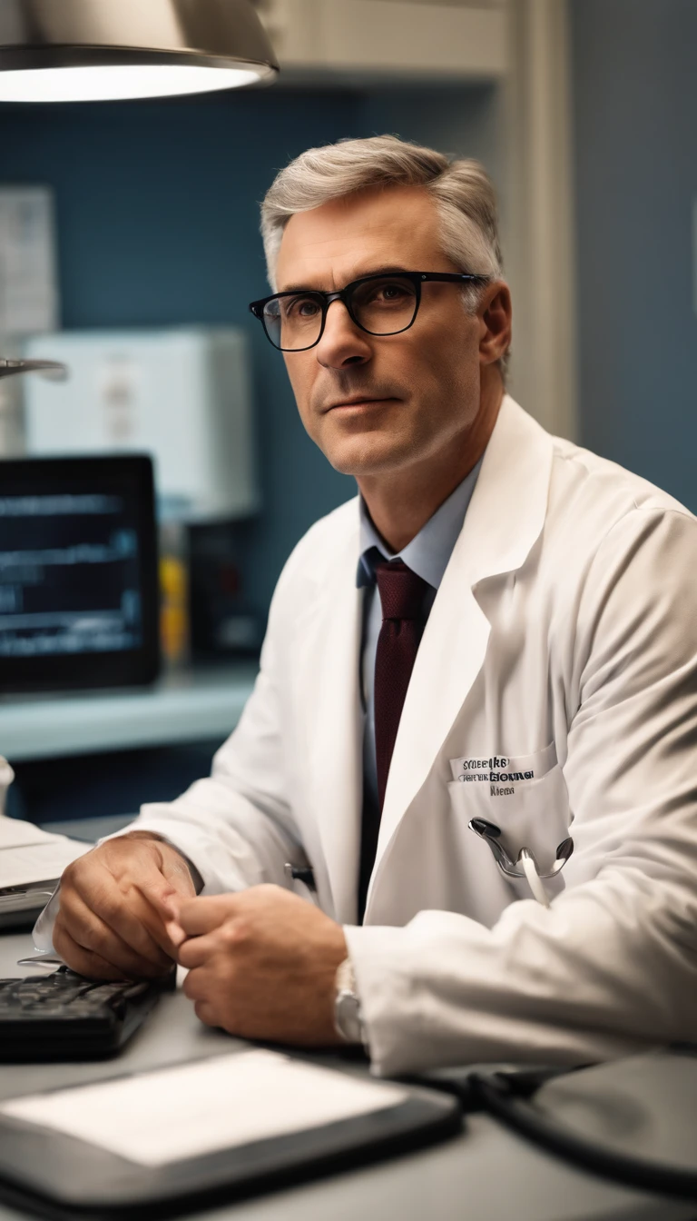 good lighting, a distinguished 40-year-old man with gray hair and prescription glasses sits behind a modern medical table, his white coat and stethoscope around his neck, ready to see his next patient. His intense gaze at the camera conveys his dedication to his profession. The computer and papers on the table hint at his meticulous nature and attention to detail.