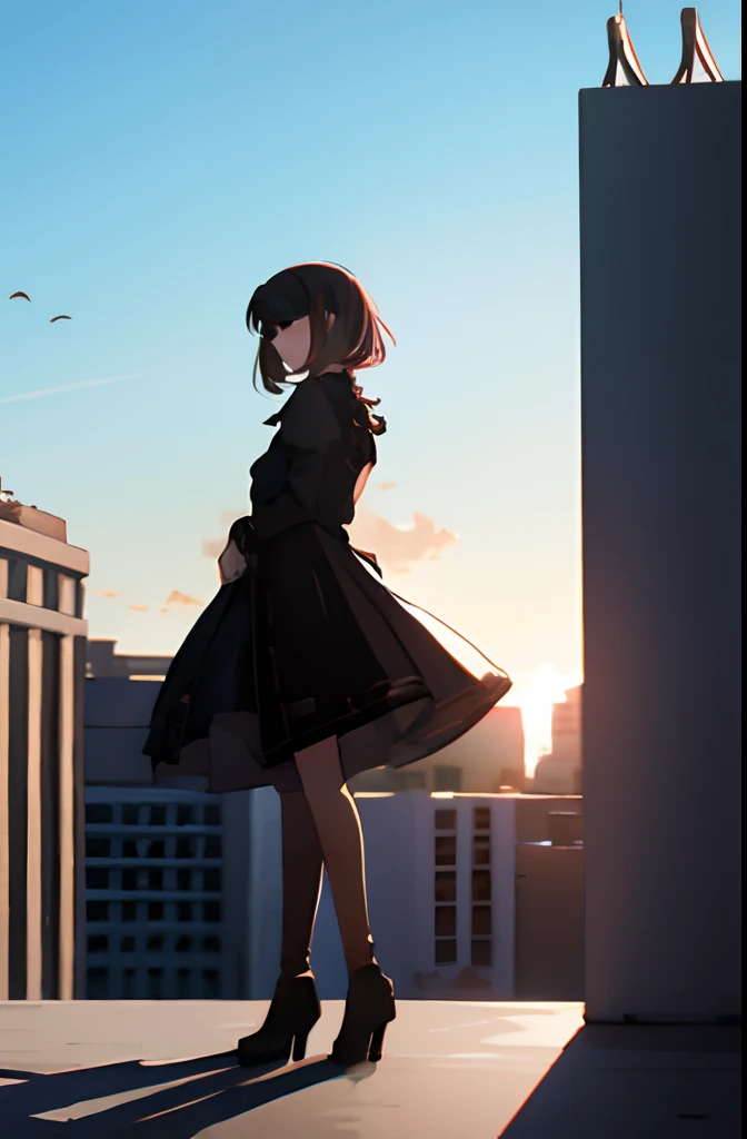 anime girl in a flowing sundress standing on the roof of a building with a gun