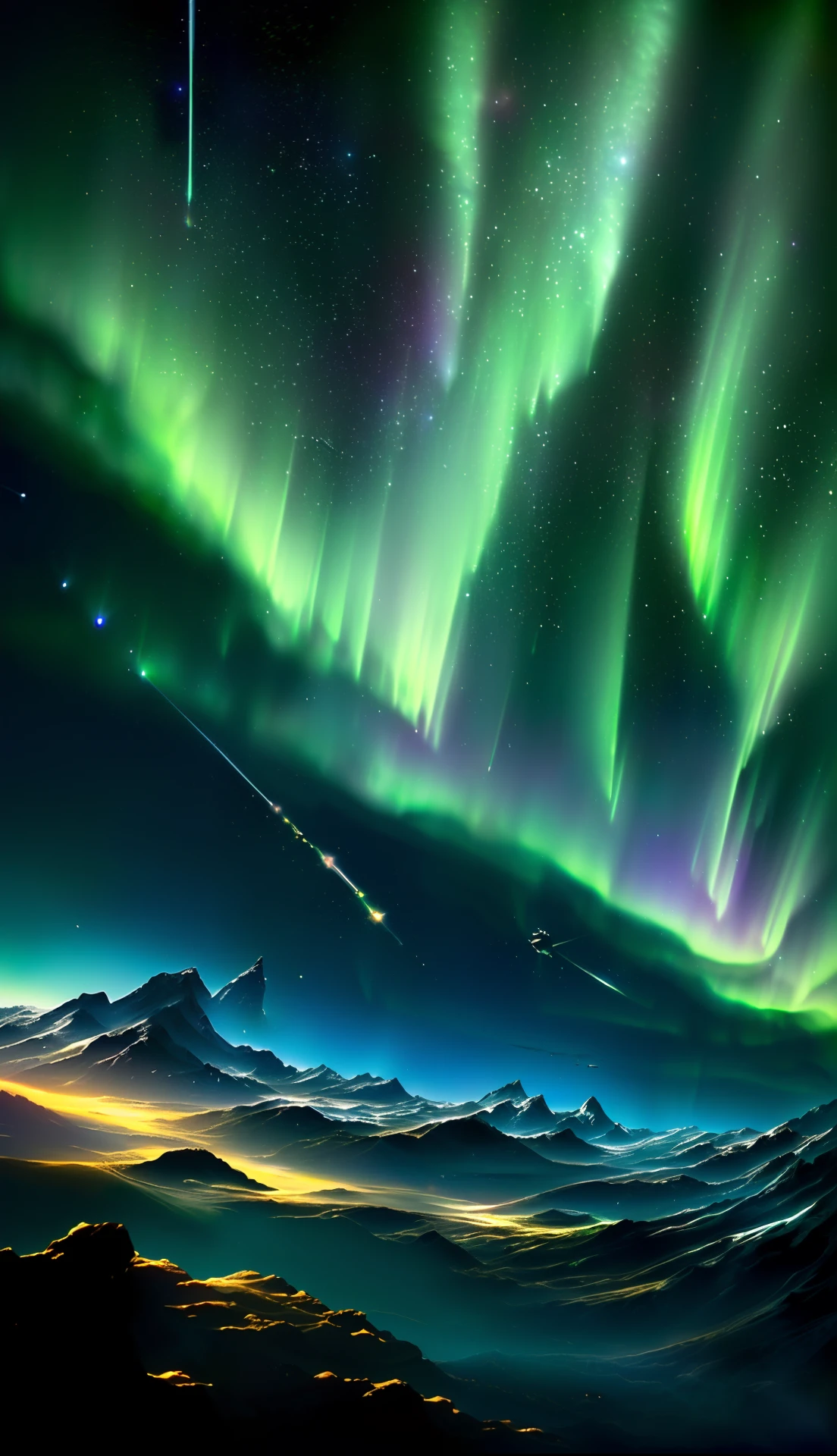 a green sky with stars and shooting comets in the sky, northern lights in space, amazing wallpaper, aurora in the sky, space sky, spaceships in the sky, night sky; 8k, space atmosphere, meteors falling, epic beautiful space scifi, stunning screensaver, spaceships in sky, epic stunning atmosphere, magnificent background, sci-fi fantasy wallpaper