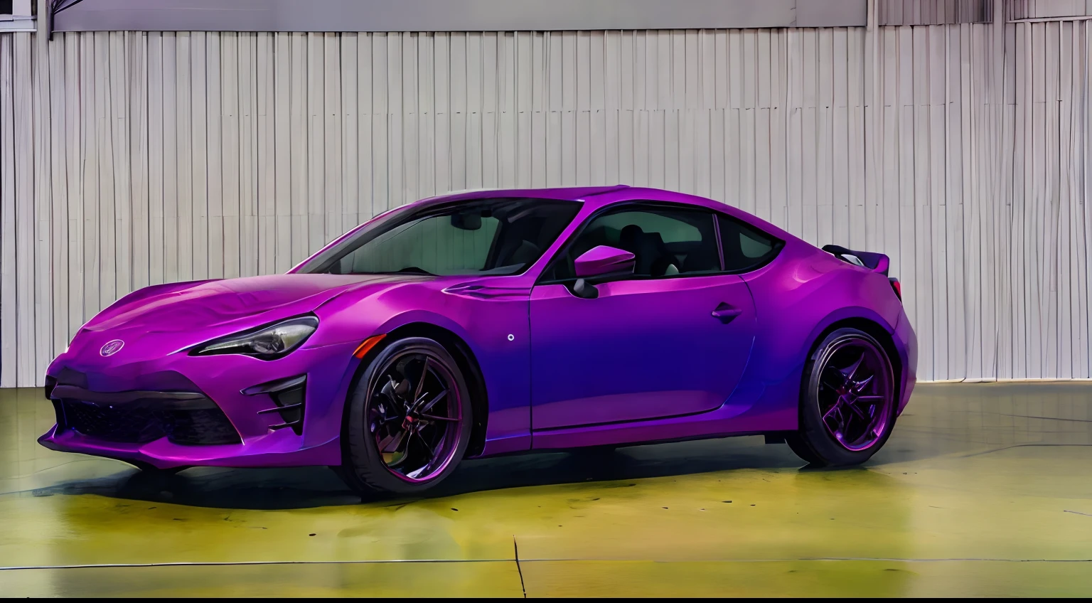 (Masterpiece, highest quality), (8k, RAW photo, highest quality, masterpiece: 1.2), (realistic, photorealistic: 1.37), ultra detail, car focus, car, sports car, (Midnight Drift: 1) photo, Toyo gr86, The color of the car body is dark magenta. The tire is a tarmac slick tire, the car is purple-colored, the wheels are copper-colored, the image is a view of the front, the wheel suspension is cambered, purple wrap on the car body, stretched tires, front view, lots of detail