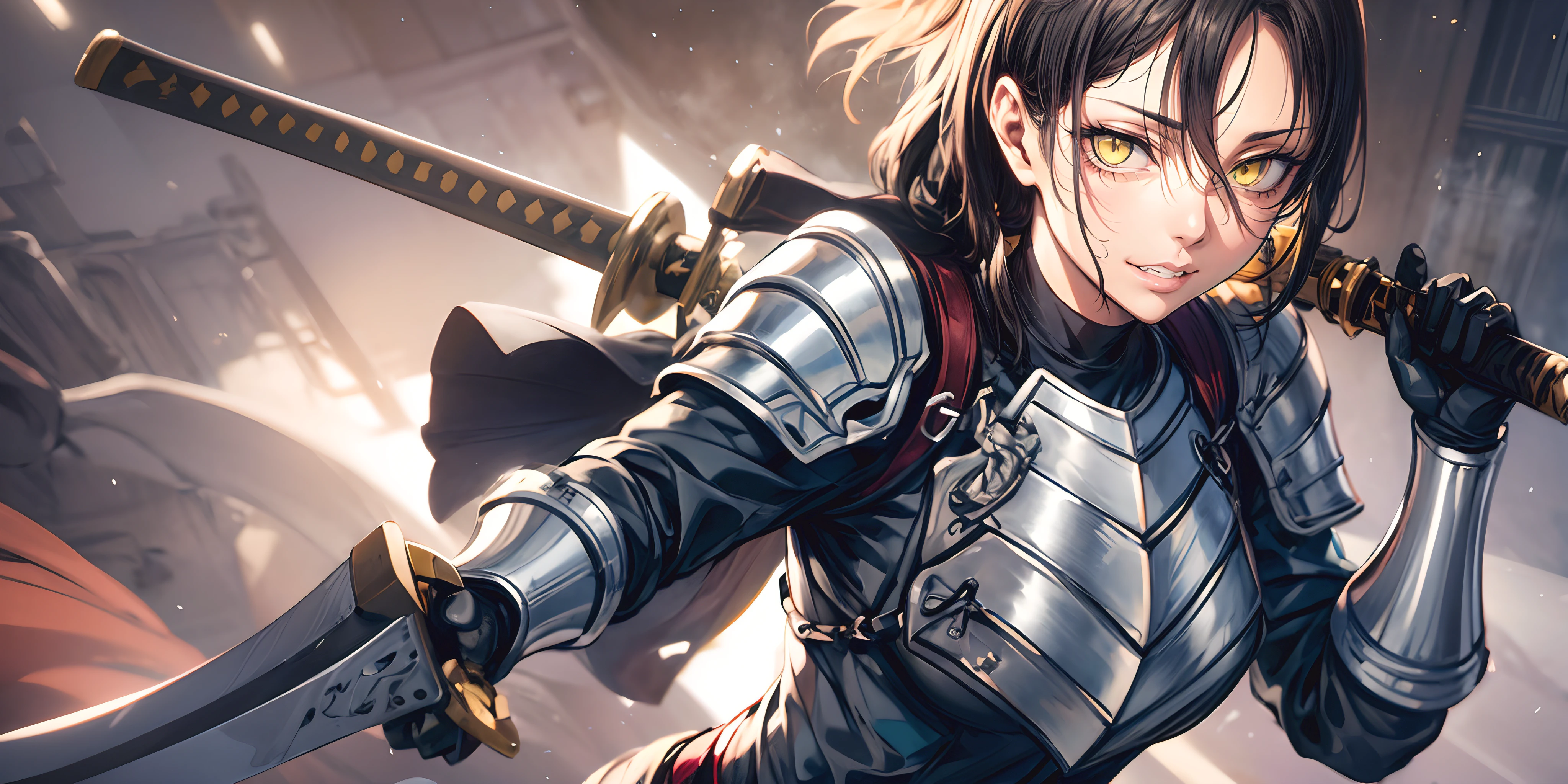sword, weapon, armor, 1girl, holding, shoulder_armor, holding_weapon, solo, breastplate, looking_at_viewer, holding_sword, closed_mouth, gloves, bangs, katana, brown_hair, black_hair, short_hair, pauldrons"glow effects, godrays, Hand drawn, render, 8k, octane render, cinema 4d, blender, dark, atmospheric 4k ultra detailed, cinematic, Sharp focus, big depth of field, Masterpiece, colors, 3d octane render, 4k, concept art, trending on artstation, hyperrealistic, Vivid colors, extremely detailed CG unity 8k wallpaper, trending on CGSociety, Intricate, High Detail, dramatic", anime coloring, anime screencap, sweating, steaming body, fog