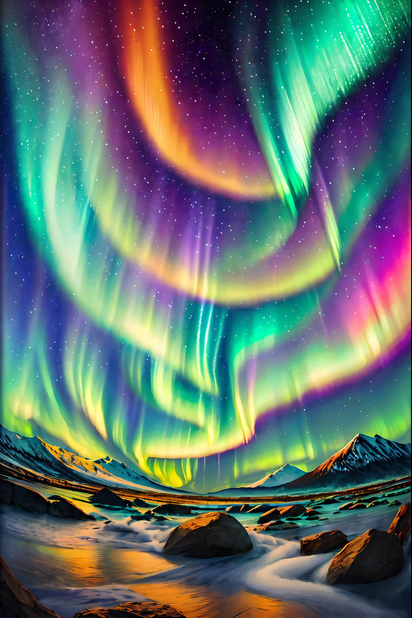 (Best quality),(Masterpiece),(Ultra detailed),(4K 分辨率),(Extremely detailed),An awesome digital painting of the Northern Lights,Perfectly captures the essence of the Aurora digital art genre, Bold colors and intricate details,Leave no imagination unturned.