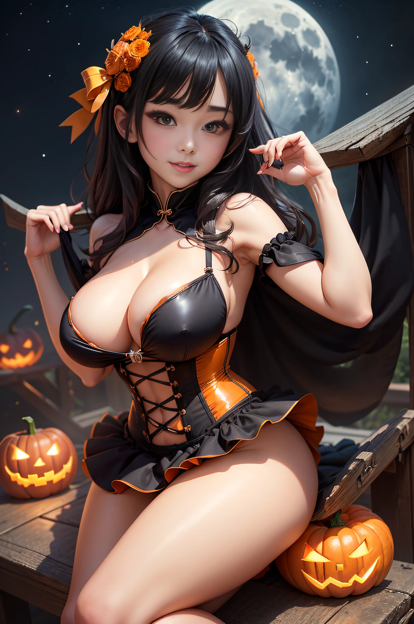 in 8K、Best Quality、Full moon night sky、girl with、A dark-haired、blushed face、、Wave Long、Orange Ribbon、Orange dress、Black corset、Orange knee socks、beauty legs、Seductive thighs、Colossal :1.8、big butt5、big breaist、cleavage of the bretiful constrictiavage of the breast、shinny skion the chest、Nauasts、Naughty hips、sexypose、Facing up、Kamimei、Se、low angles、Looking Has a jack-o'-lantern、