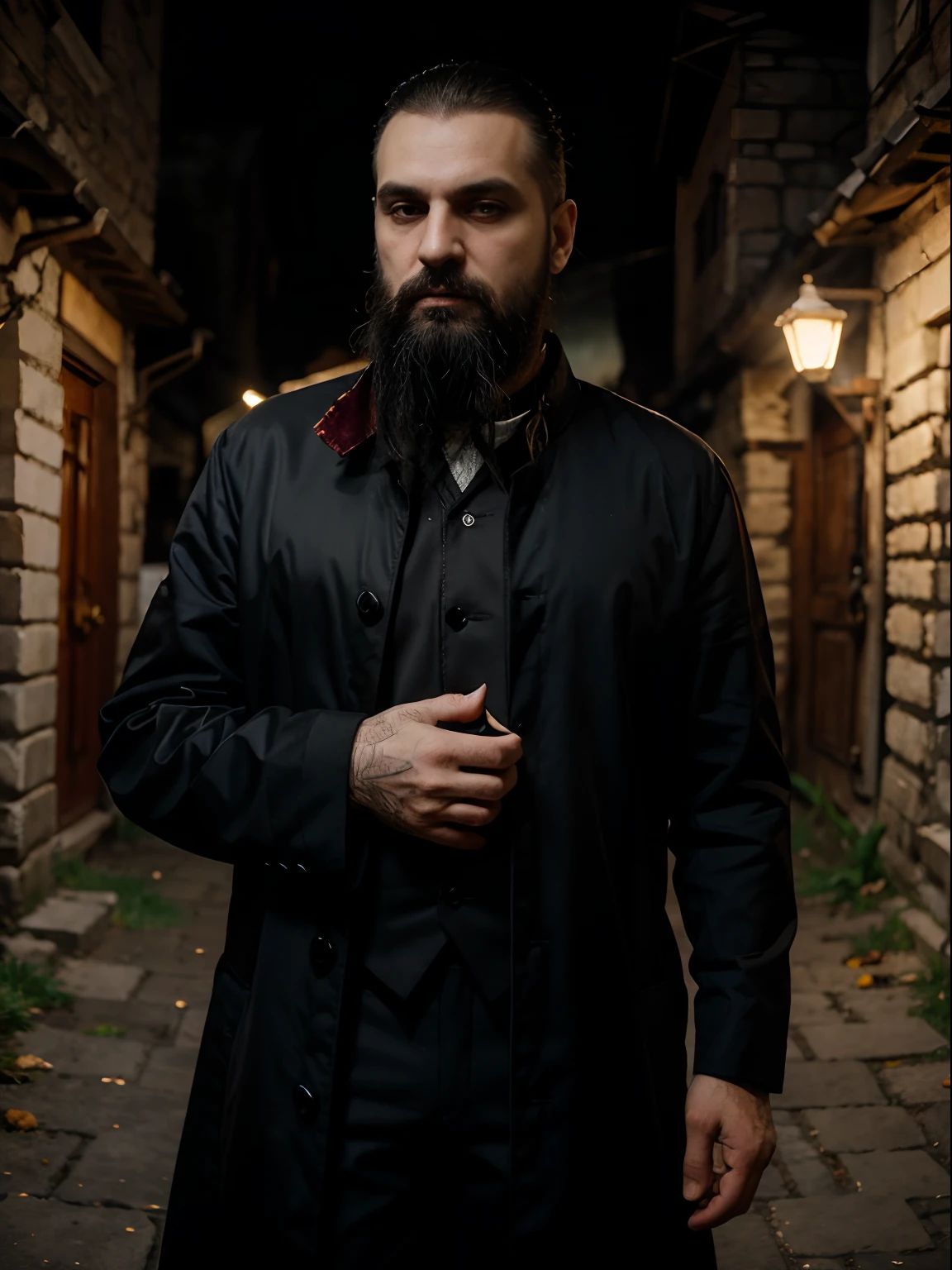 Uncle Neznabogdan Vukovic is (Slav goth vampire) from Balkan, male, older, full beard, formal attire with hints traditional Balkan clothes, nightime