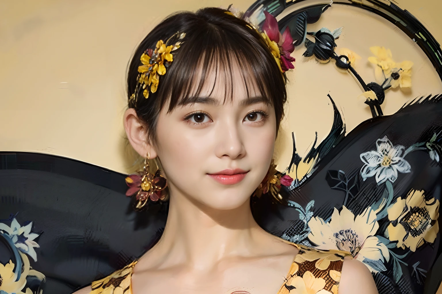 79
(20-year-old princess,is standing), (A hyper-realistic), (Masterpiece), ((short-hair:1.46)), (Smooth black hair), (breast:1.0), (kindly smile:0.9), (Floral dress in yellow and red color:1.46), Majestic palace, orange lipstick