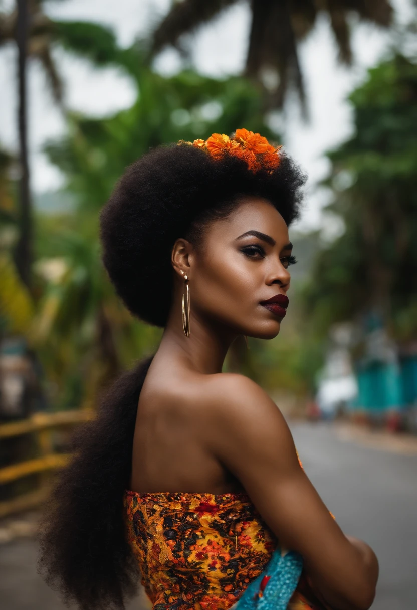 Mulher afro, negra, na comunidade do Rio de janeiro
