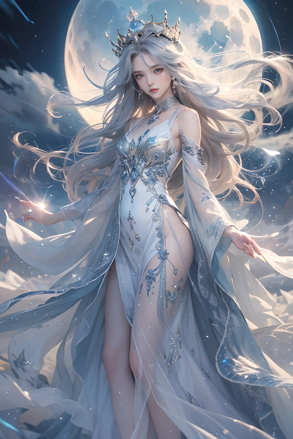 a woman with long white hair and a blue dress, long glowing ethereal hair, fantasy gorgeous lighting, glowing flowing hair, beautiful digital artwork, long glowing hair, digital fantasy art ), beautiful fantasy art, flowing glowing hair, flowing white hair, fantasy art style, ross tran 8 k, glowing hair, detailed white long hair, with white long hair, gorgeous digital art