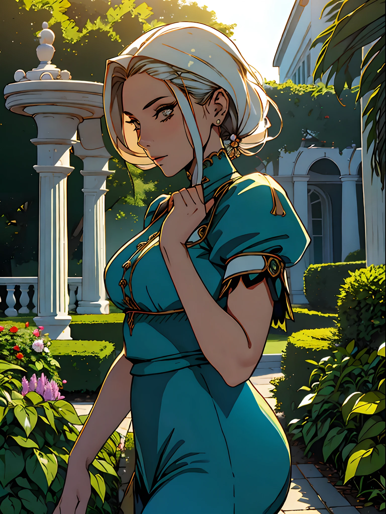 a girl from 1930, garden, palace (cabelos medios, castanhos, idade 22 anos)