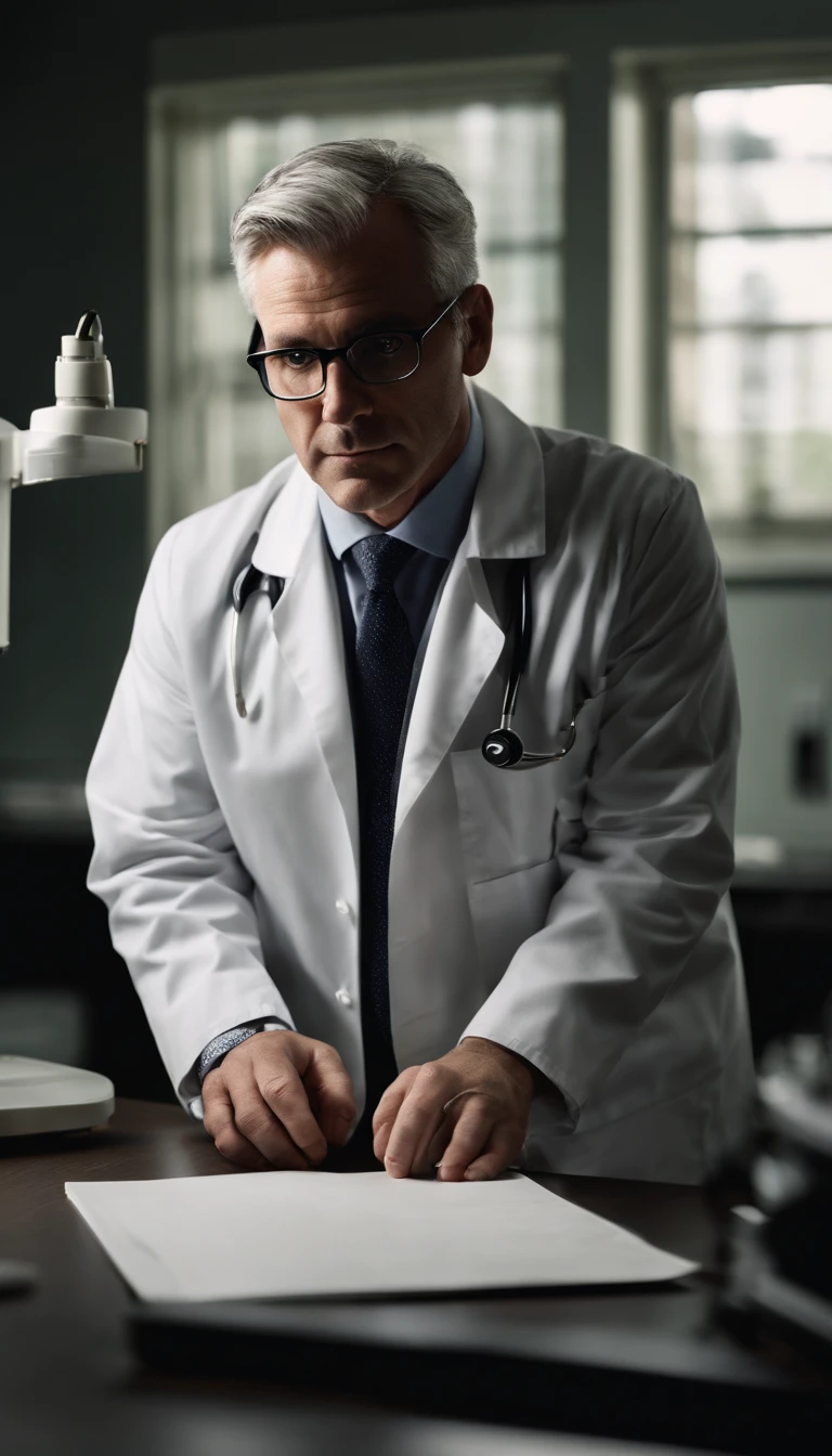 good lighting, a distinguished 40-year-old man with gray hair and prescription glasses sits behind a modern medical table, his white coat and stethoscope around his neck, ready to see his next patient. His intense gaze at the camera conveys his dedication to his profession. The computer and papers on the table hint at his meticulous nature and attention to detail.