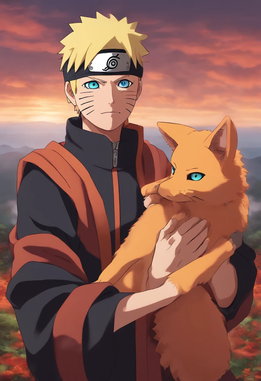 Naruto holding the dead nine-tailed fox in his arms, Naruto crying, background of Konoha, Naruto in his adult phase (30 years old), the death of Kurama, anime, Naruto, BORUTO