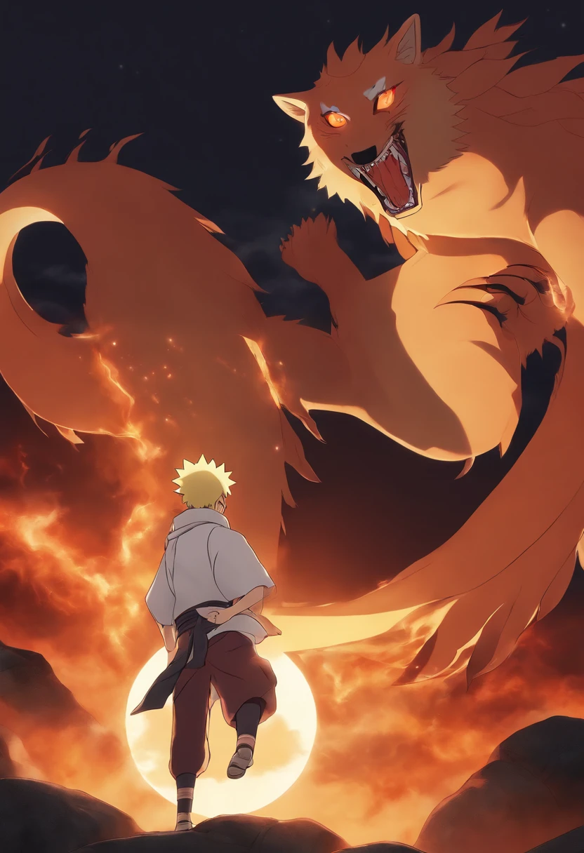30-year-old adult Naruto from Boruto's anime holding the dead 9-tailed kyuubi in his arms, naruto chorando, fundo konoa