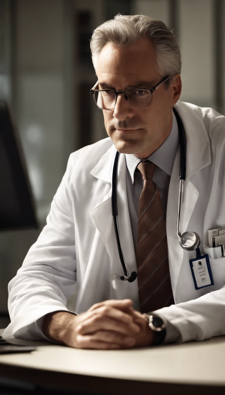 good lighting, a distinguished 40-year-old man with gray hair and prescription glasses sits behind a modern medical table, his white coat and stethoscope around his neck, ready to see his next patient. His intense gaze at the camera conveys his dedication to his profession. The computer and papers on the table hint at his meticulous nature and attention to detail.