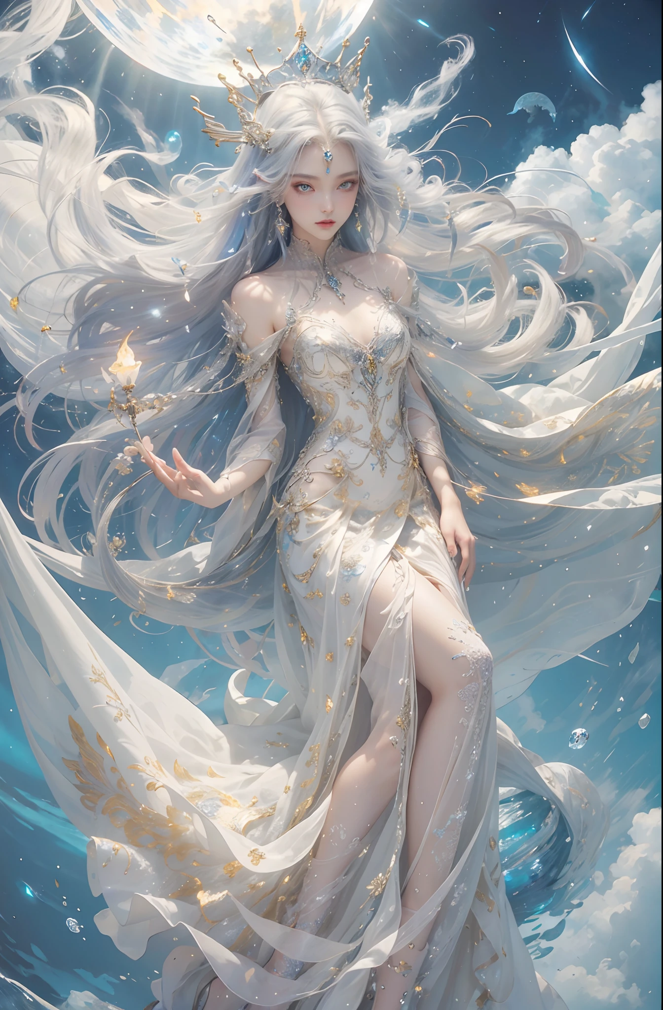 "(masterpiece: 1.3), 8K UHD resolution, ethereal Moon Goddess of unparalleled beauty, Smooth, captivating motion (yellow eyes, extremely detailed, bioluminescent):1.7 , blue bioluminescent body: 1.7. (flying, floating body): 1.5. (surrounding drifting clouds, night sky), gentle, graceful demeanor, elegant and pure temperament. Hair silky (Exquisite silk dress, delicate silver pattern, extremely detailed), (exquisite crown, extremely detailed), Moonlight creates a halo.