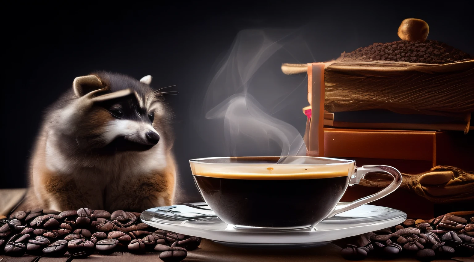 Araffe sitting at a table next to a cup of coffee, smell of coffee, A cat drinking coffee, morning coffee, Mapache, portrait of morning coffee, coffee mug, hot coffee, Full of steaming coffee, Anthropomorphic raccoon, Drink more coffee, drinking a cup of coffee, drinking coffee, Steaming coffee, mapache, drinking a coffee