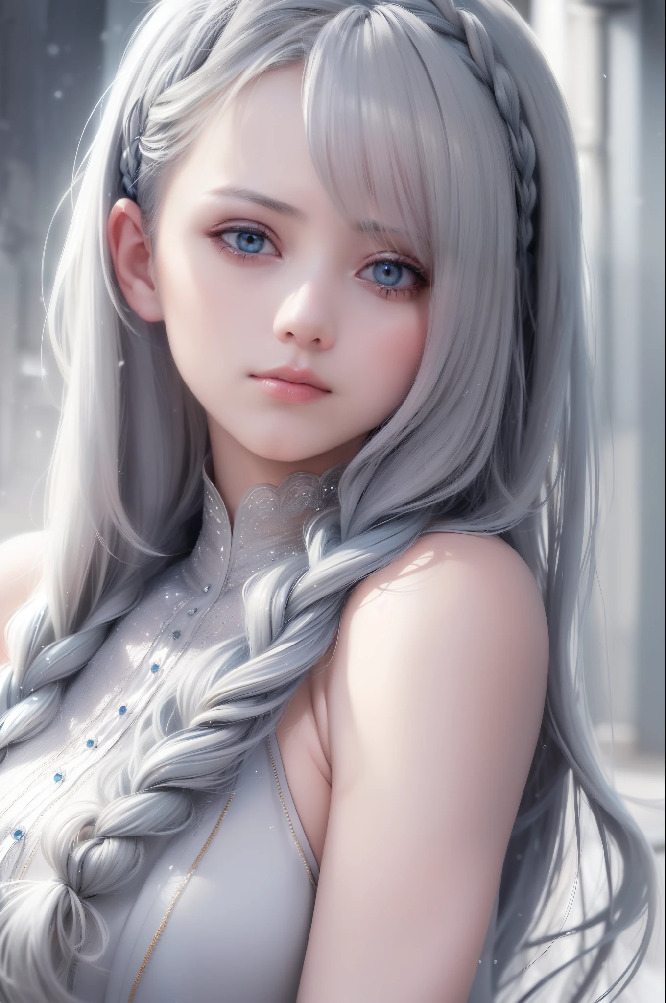 Xianxia, Ultra detailed beautiful woman, voluminous breasts, of a 25-year-old woman, Stunningly beautiful, snow-white hair, straight hairstyle, cold-blue eyes, Her entire head is visible with hair, very long eyelashes, white blue dress, Stunningly beautiful face, Focus on the face, holographic, light particles, ultra detailed illustration, hit definition, Very bold and bright colors, 32K resolution, Best Quality, voluminous lighting, "beste-Qualit", "tmasterpiece",, ultra realistis, High-quality detailing