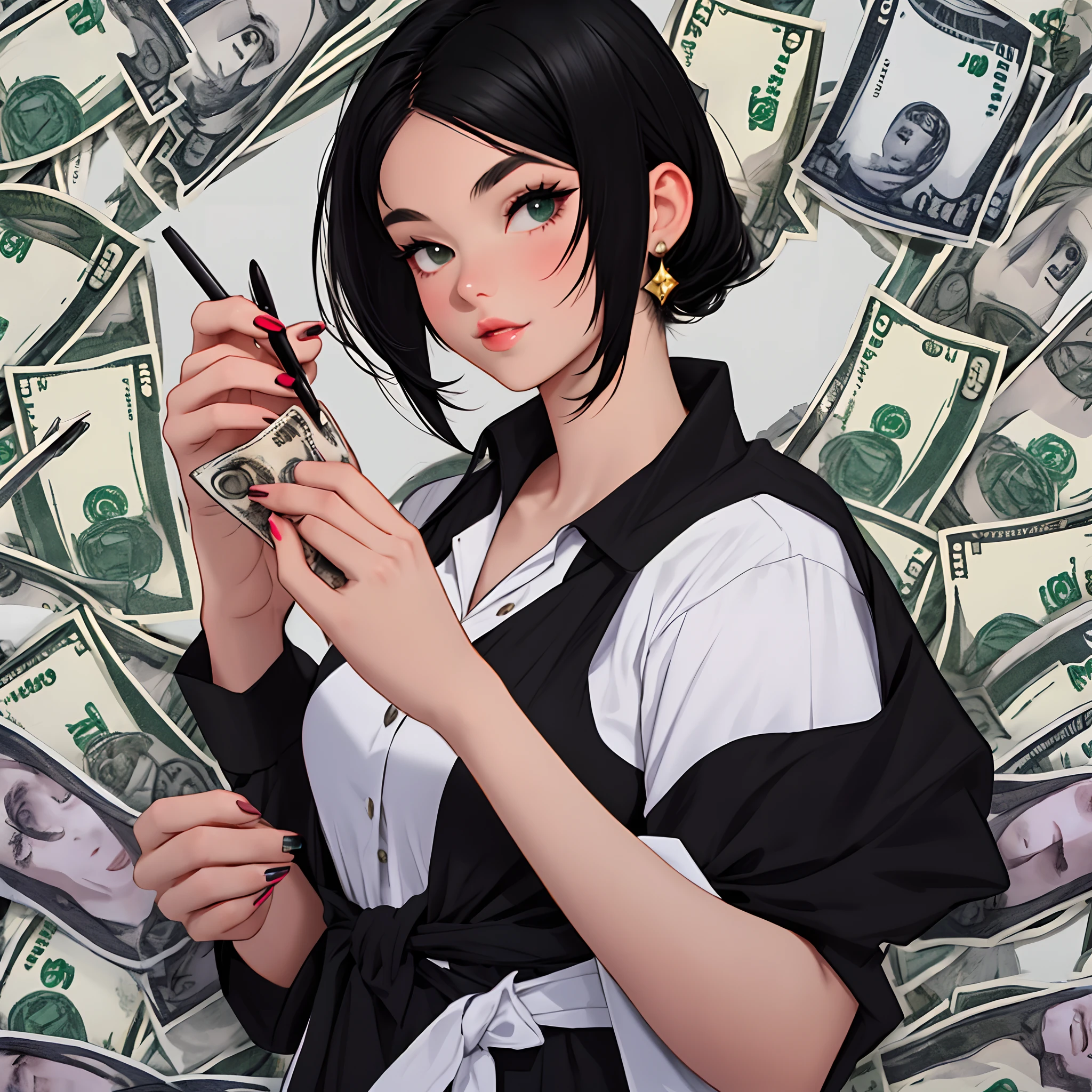 girl with black hair doing nails with money