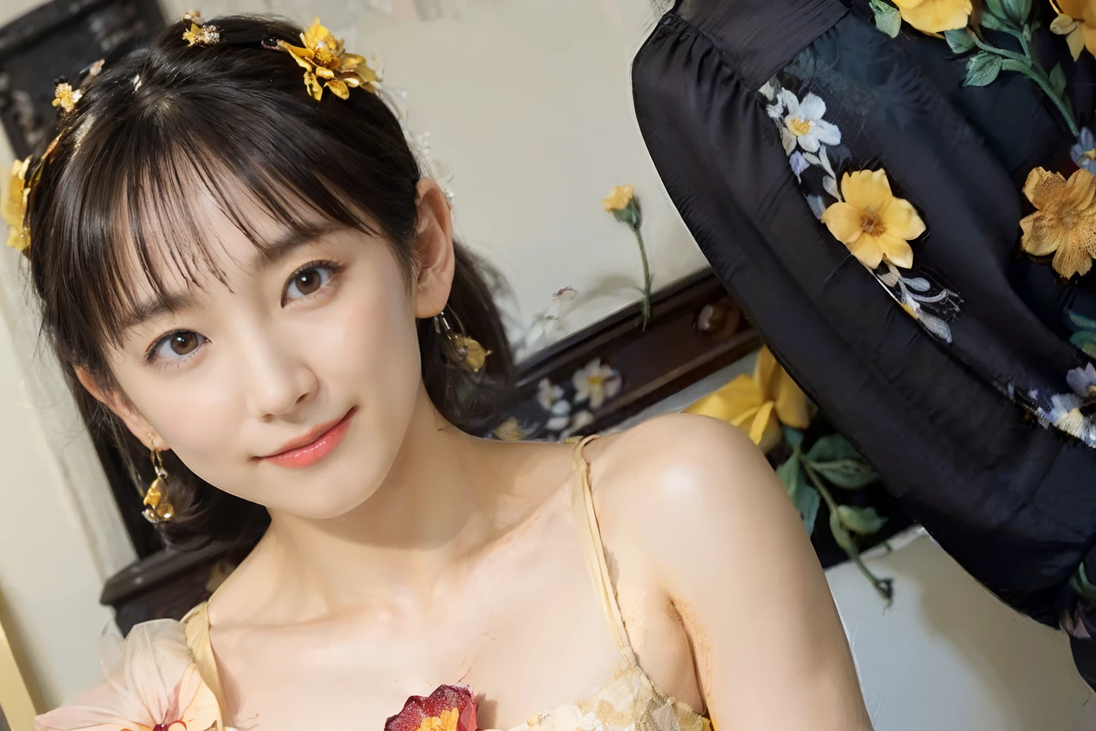 79
(20-year-old princess,is standing), (A hyper-realistic), (Masterpiece), ((short-hair:1.46)), (Smooth black hair), (breast:1.0), (kindly smile:0.9), (Floral dress in yellow and red color:1.46), Majestic palace, orange lipstick