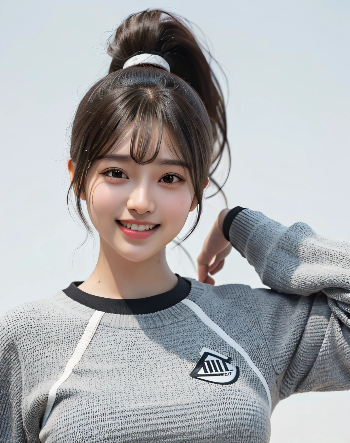 zydG, 1girl, detailed skin, looking at viewer, brown eyes, (ponytail with bangs:1.2), (large breasts:1.0), (large areolae:0.8), smile with white teeth,
(photorealistic:1.4), (best quality:1.0), (ultra highres:1.0), 8k, RAW photo, (masterpiece:0.2), (sportswear:1.4), (sweat, wet:1.1), portrait, face focus,
(pureerosface_v1:0.5)
