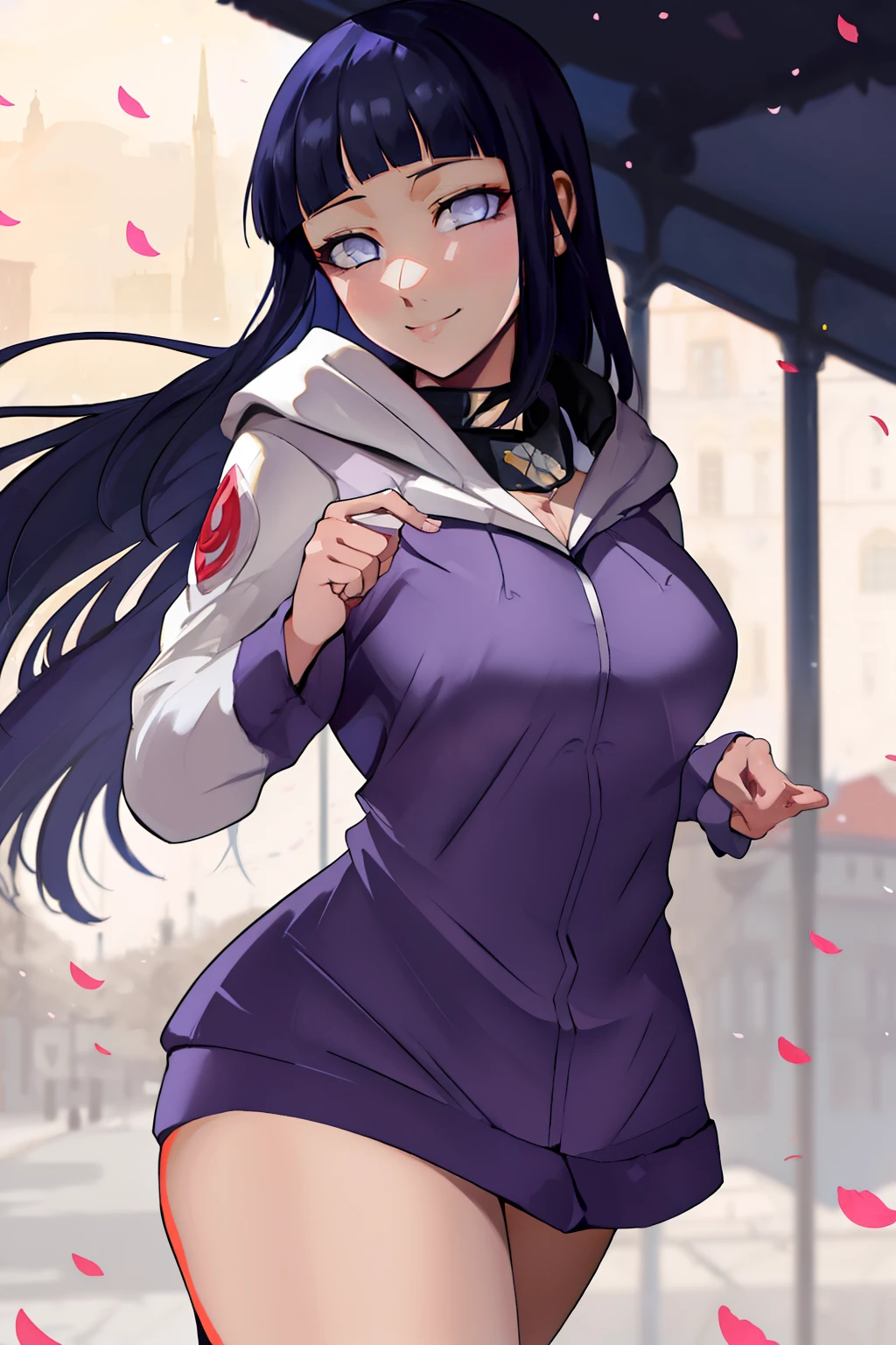 beau, master piece, beste-Qualit, extremely detailed face, perfect  lighting, 1fille, hinata, hyuuga hinata, frange, empty_eyes, black_hair, blunt_bangs, yeux gris, manches grises, headband_around_neck, hauts, coupe hime, hooded_cardigan, manches longues, looking_at_viewer, petals, sourire, solo, cheveux raides, haut du corps, hooded jacket, corps parfait, sur u' lit, avec en train de rougir et de sourire