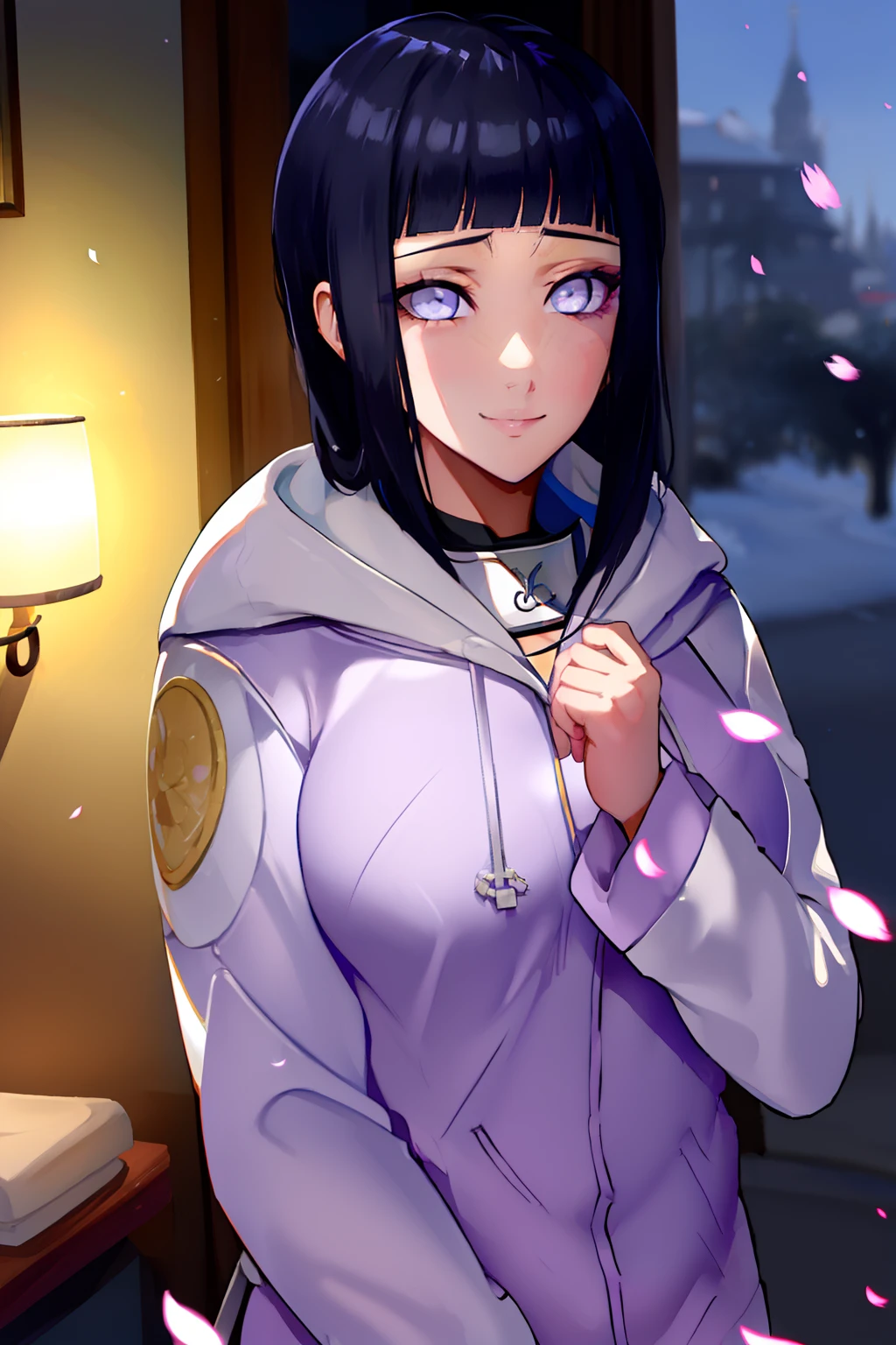 beau, master piece, beste-Qualit, extremely detailed face, perfect  lighting, 1fille, hinata, hyuuga hinata, frange, empty_eyes, black_hair, blunt_bangs, yeux gris, manches grises, headband_around_neck, hauts, coupe hime, hooded_cardigan, manches longues, looking_at_viewer, petals, sourire, solo, cheveux raides, haut du corps, hooded jacket, corps parfait, sur u' lit, avec en train de rougir et de sourire