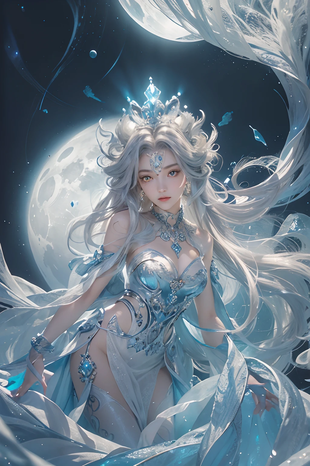 "(masterpiece: 1.3), 8K UHD resolution, ethereal Moon Goddess of unparalleled beauty, Smooth, captivating motion (yellow eyes, extremely detailed, bioluminescent):1.7 , blue bioluminescent body: 1.7. (flying, floating body): 1.5. (surrounding drifting clouds, night sky), gentle, graceful demeanor, elegant and pure temperament. Hair silky (Exquisite silk dress, delicate silver pattern, extremely detailed), (exquisite crown, extremely detailed), Moonlight creates a halo.