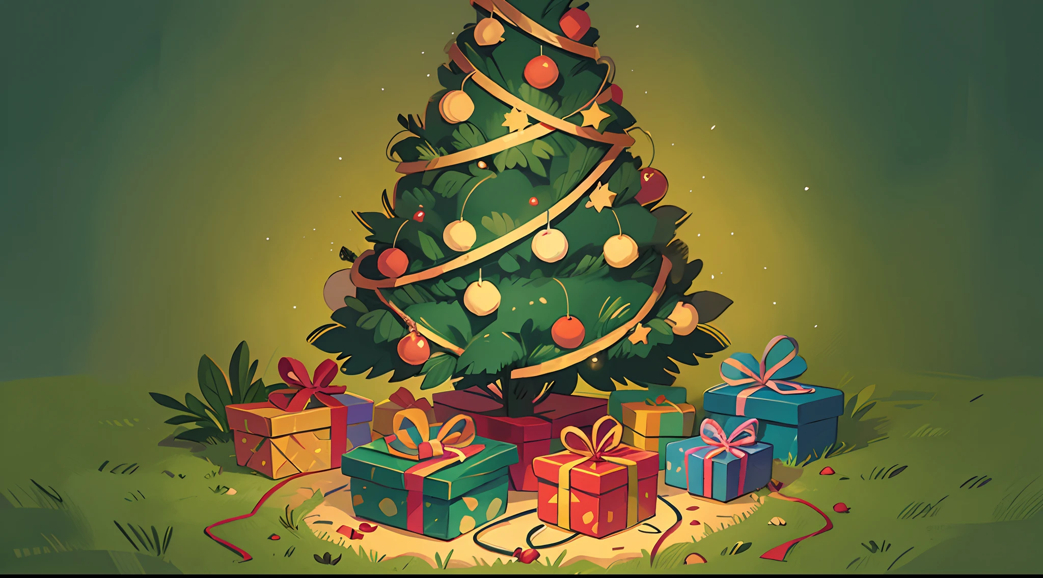 Christmas tree,Presentes,lareira,a noite,Cartoon illustration style,Retro tone