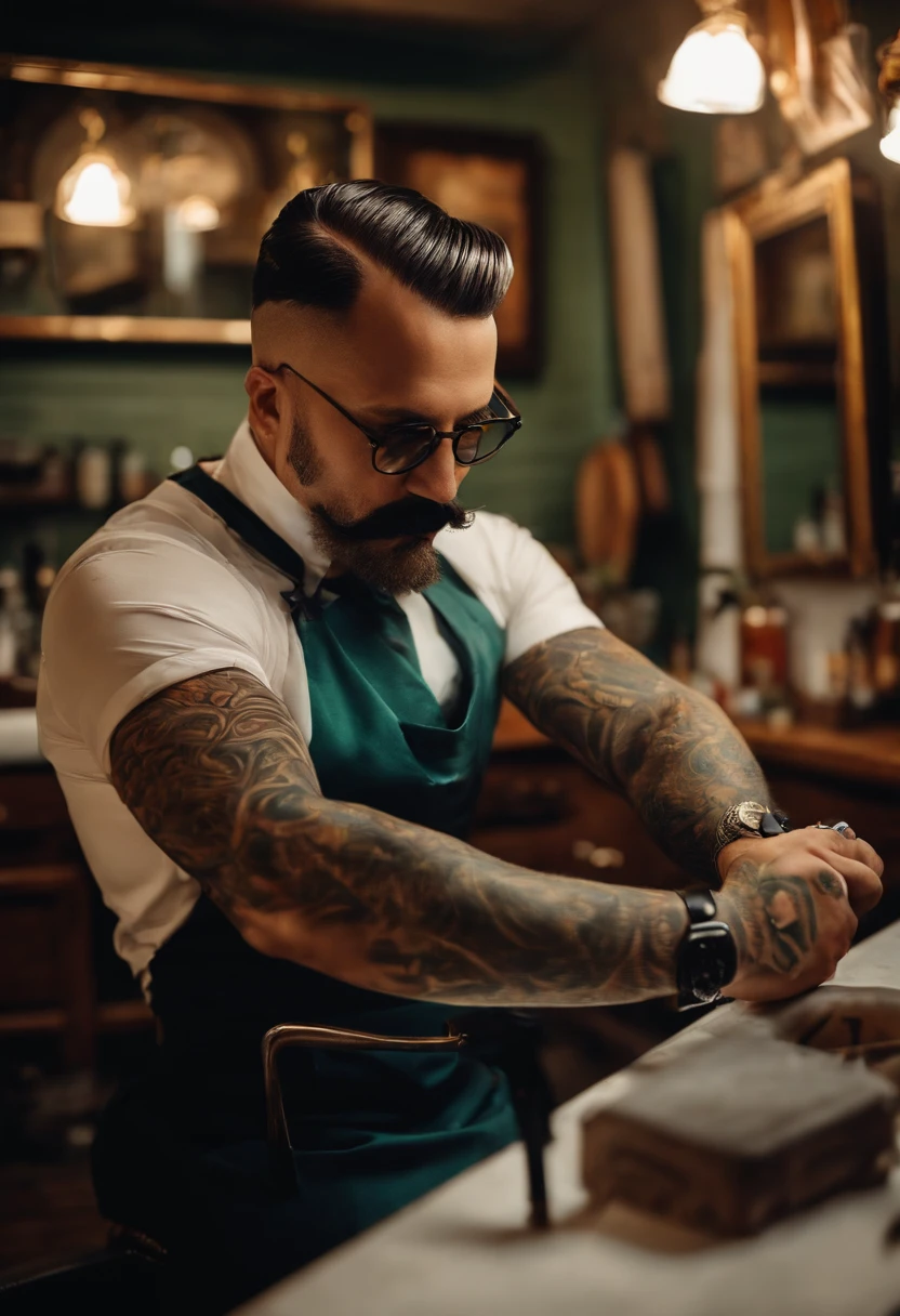 Moustache-only barber with tattoo