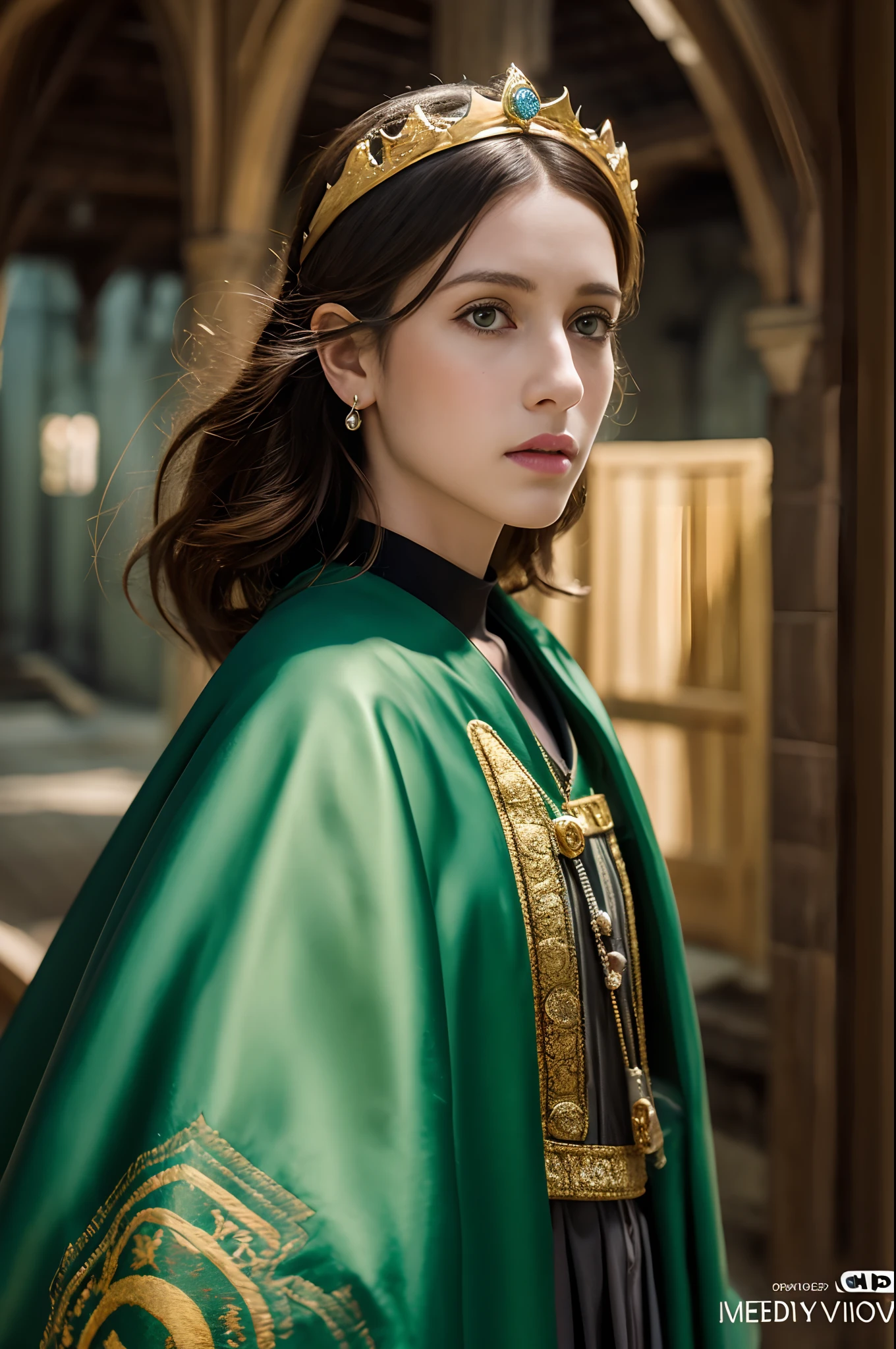 8K,Model Chute Style、(the Extremely Detailed CG Unity 8K Wallpapers)、full-shot body photo of the most beautiful artwork in the world、English Medieval Witches、Green Valley、Pearl skin、Golden crown、Diamonds、Medieval architecture、Edbrink、Ateigairan、Studio Ghibli、Jeremy Mann、Greg Munchez、Antonio Moro、Trending on ArtStation、Trending in CGSighbour、 Dense and、Up to detail、Sharp focus、Dramatic and photorealistic painting art by Midjourney and Greg Rutkowski