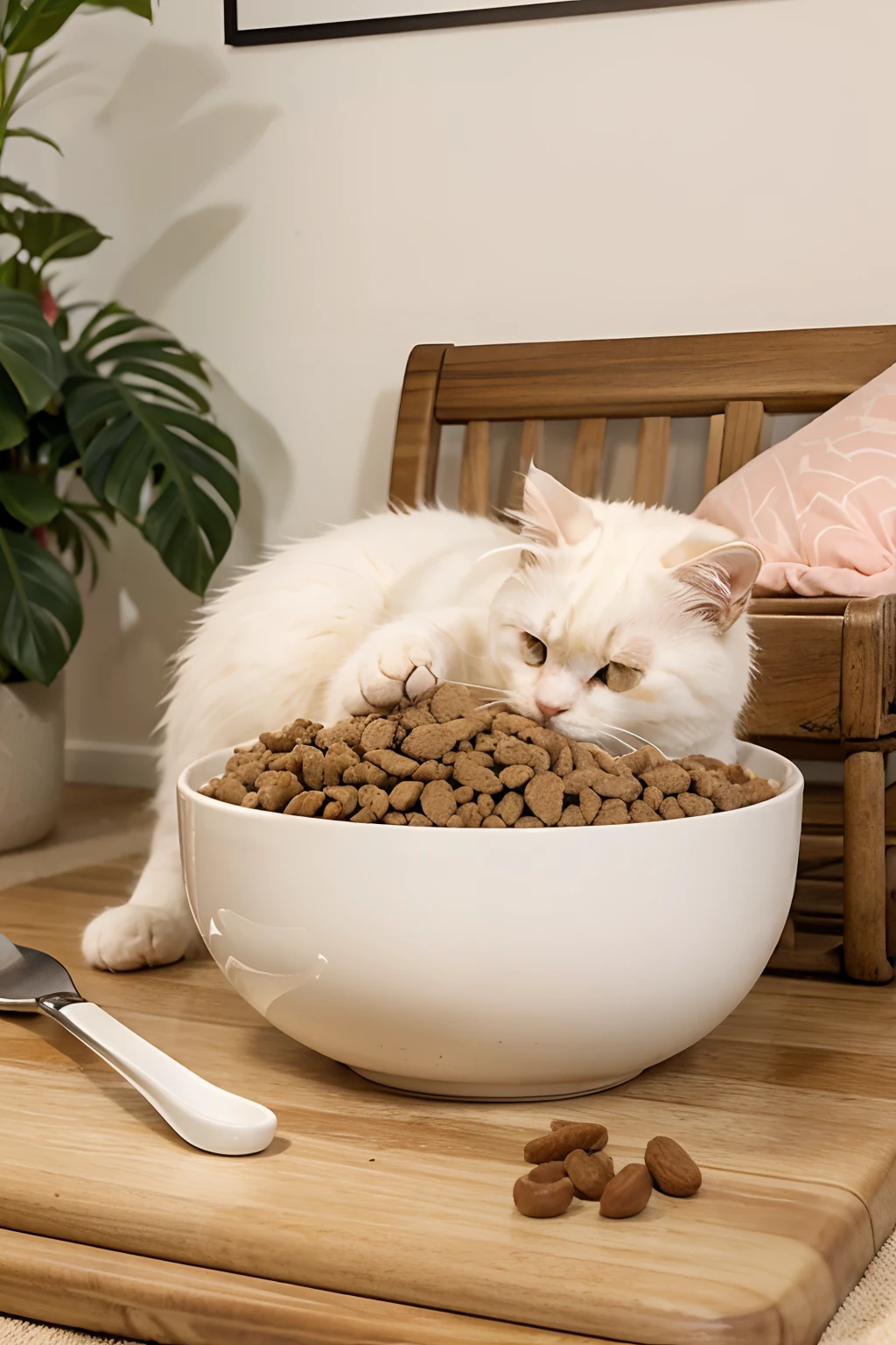 Create an advertisement for cat food, with a white fluffy chubby cat lying next to a full bowl of food