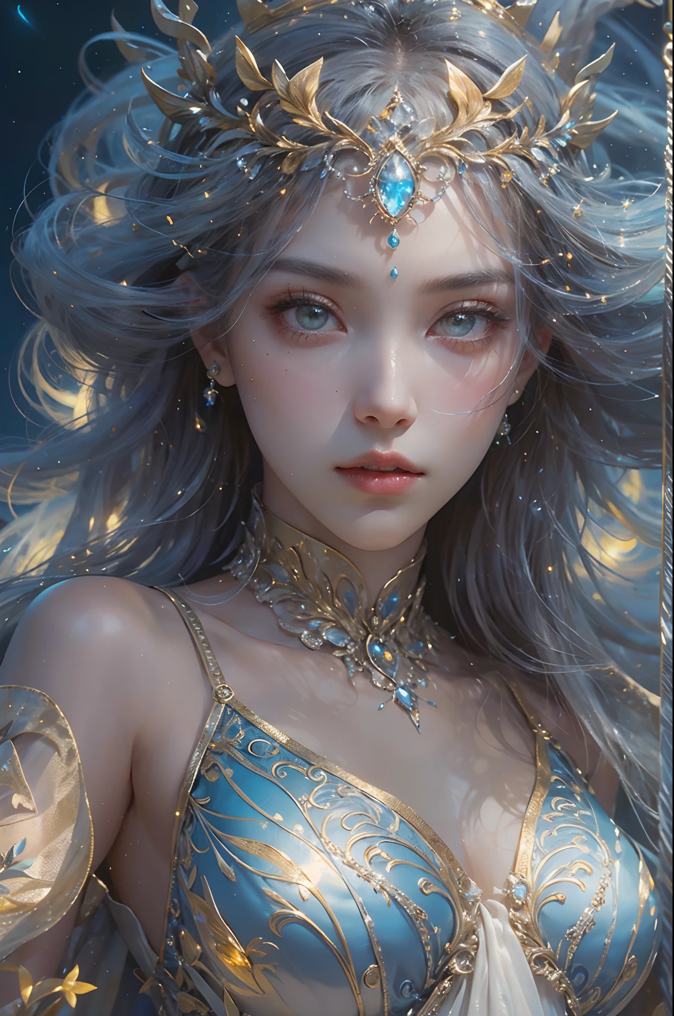 "(masterpiece: 1.3), 8K UHD resolution, ethereal Moon Goddess of unparalleled beauty, Smooth, captivating motion (yellow eyes, extremely detailed, bioluminescent):1.7 , blue bioluminescent body: 1.7. (flying, floating body): 1.5. (surrounding drifting clouds, night sky), gentle, graceful demeanor, elegant and pure temperament. Hair silky (Exquisite silk dress, delicate silver pattern, extremely detailed), (exquisite crown, extremely detailed), Moonlight creates a halo.