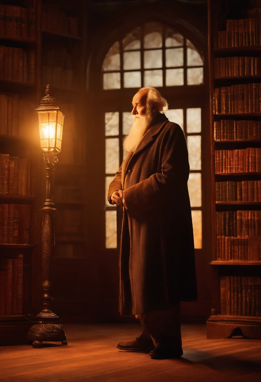 A wise old man standing in front, illuminated by the light of a lamp, against the backdrop of a library