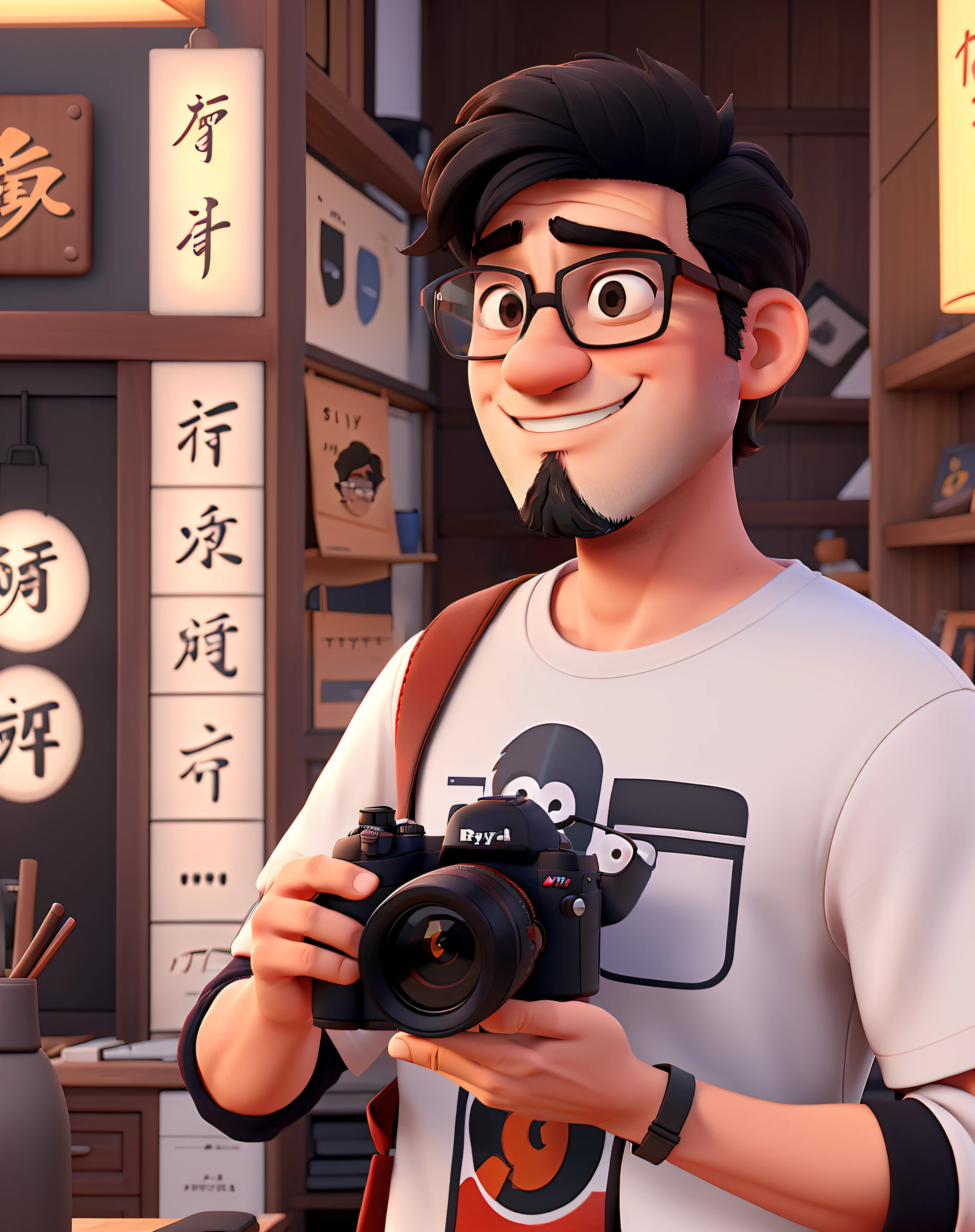 a man with Rayban style glasses, Japanese appearance, with beard and black hair, Disney Pixar style, holding a camera, changing into a nerdy t-shirt