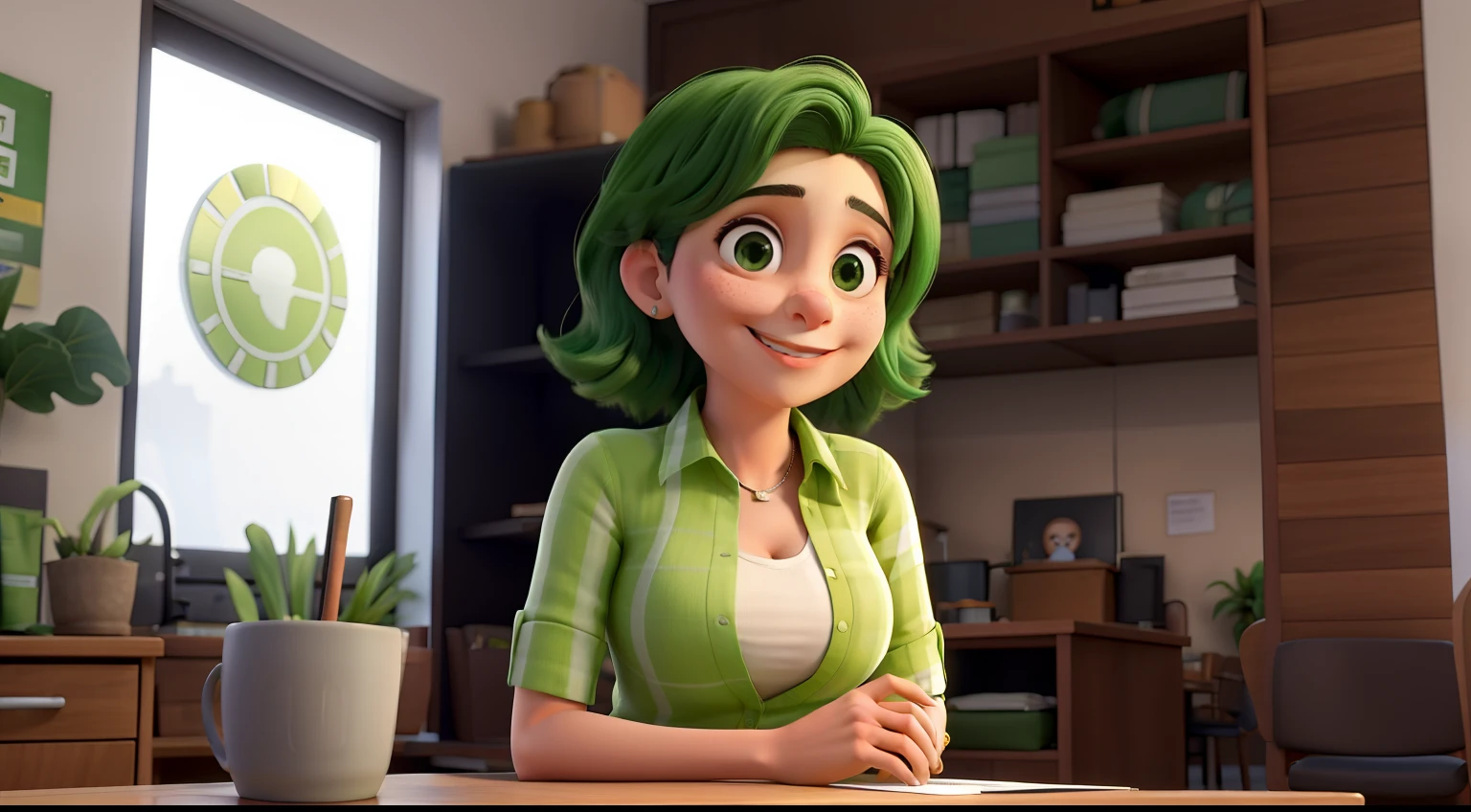 mulher jovem, sentada na mesa de frente para idosa, ela veste camisa verde e entrega papel para idosa, They're both smiling